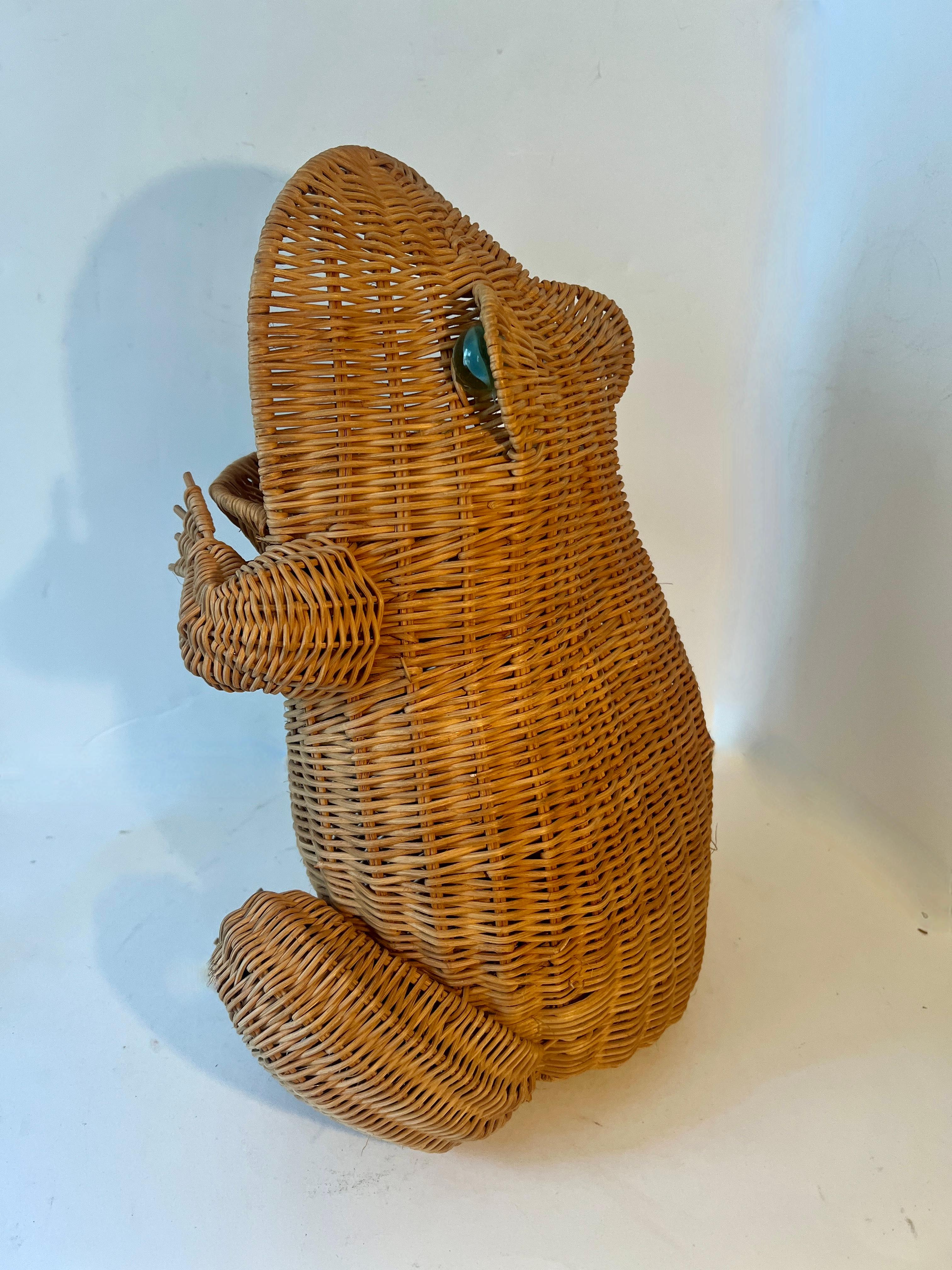 Mexican Woven Rattan Frog Basket with Marble Eyes After Mario Lopez Torres