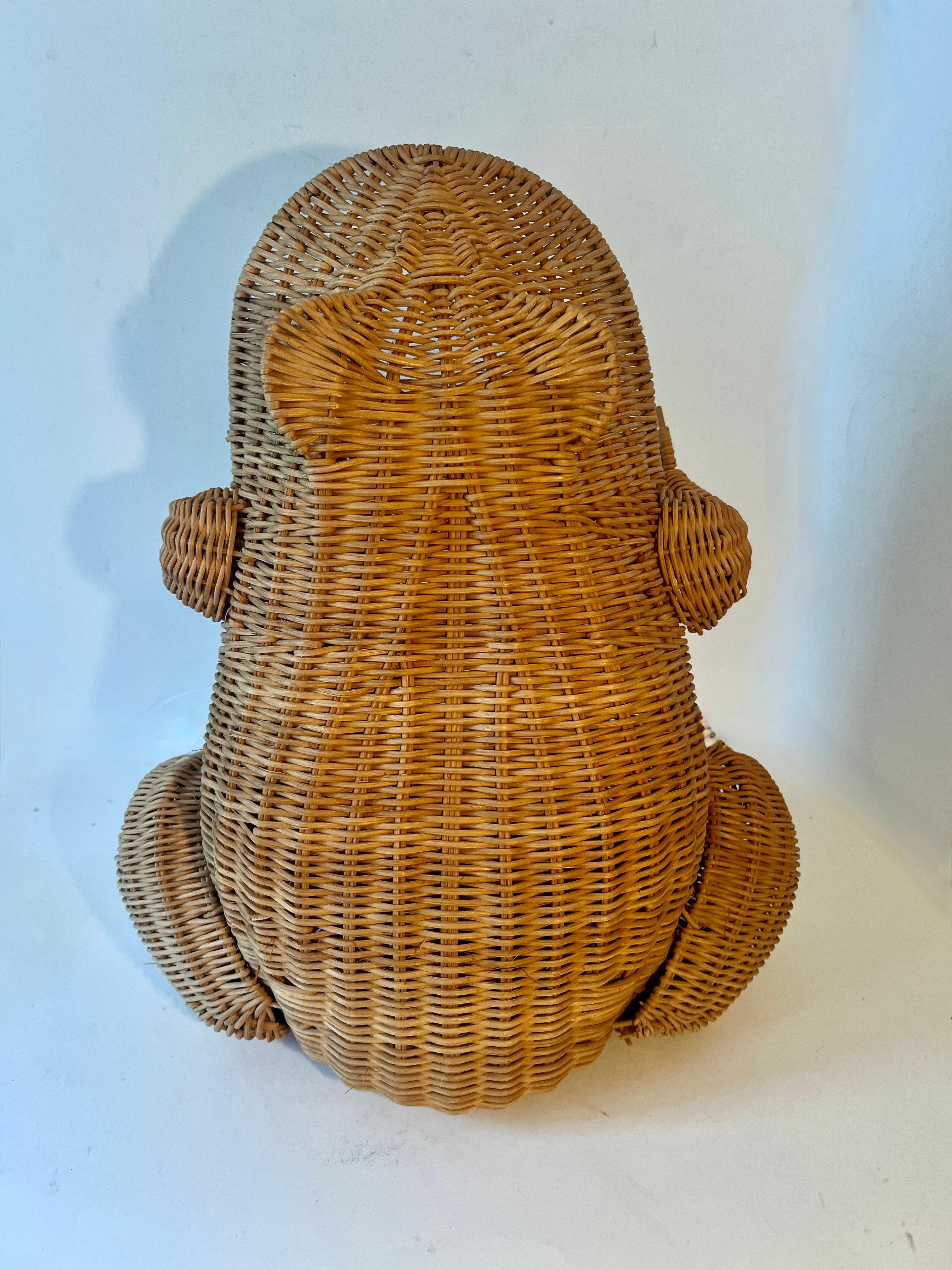 Hand-Crafted Woven Rattan Frog Basket with Marble Eyes After Mario Lopez Torres