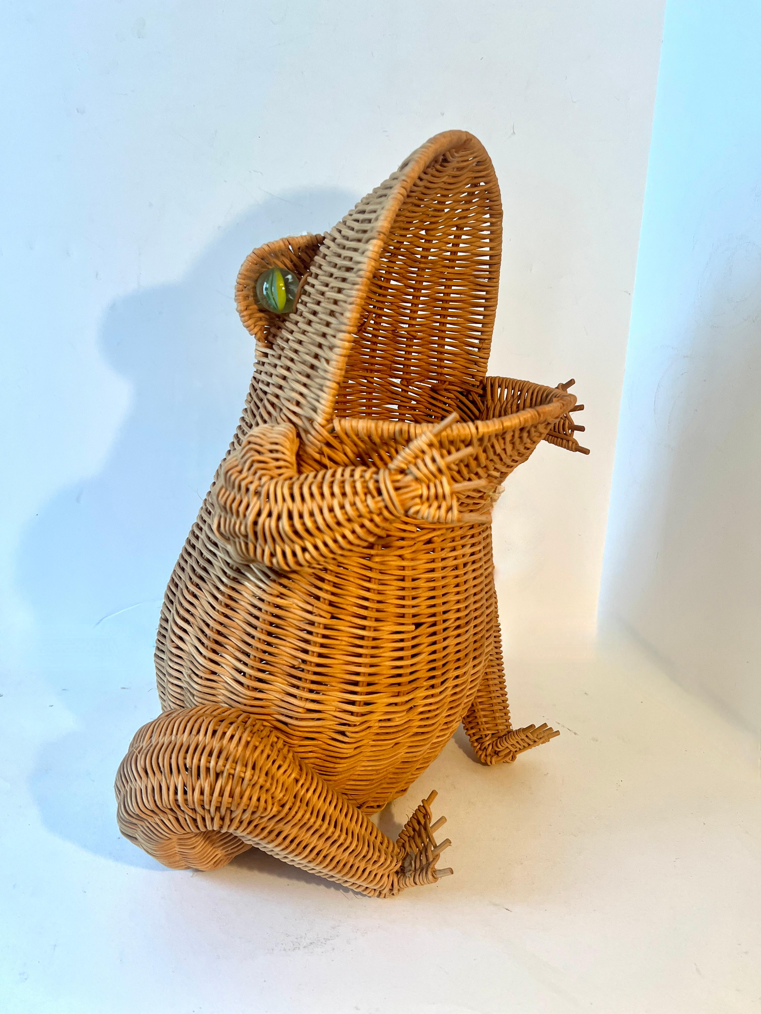 20th Century Woven Rattan Frog Basket with Marble Eyes After Mario Lopez Torres
