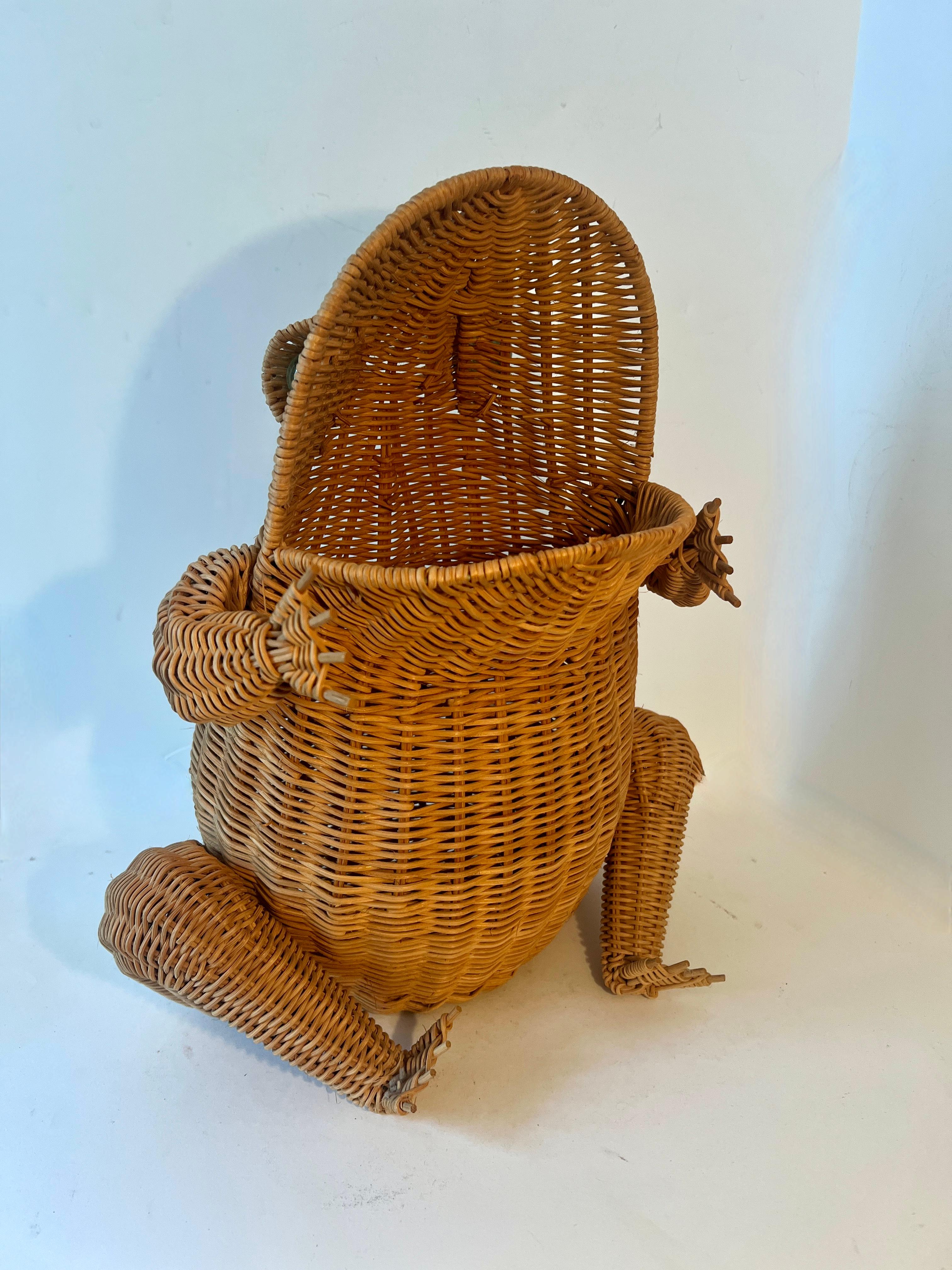 Cane Woven Rattan Frog Basket with Marble Eyes After Mario Lopez Torres
