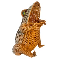Vintage Woven Rattan Frog Basket with Marble Eyes After Mario Lopez Torres
