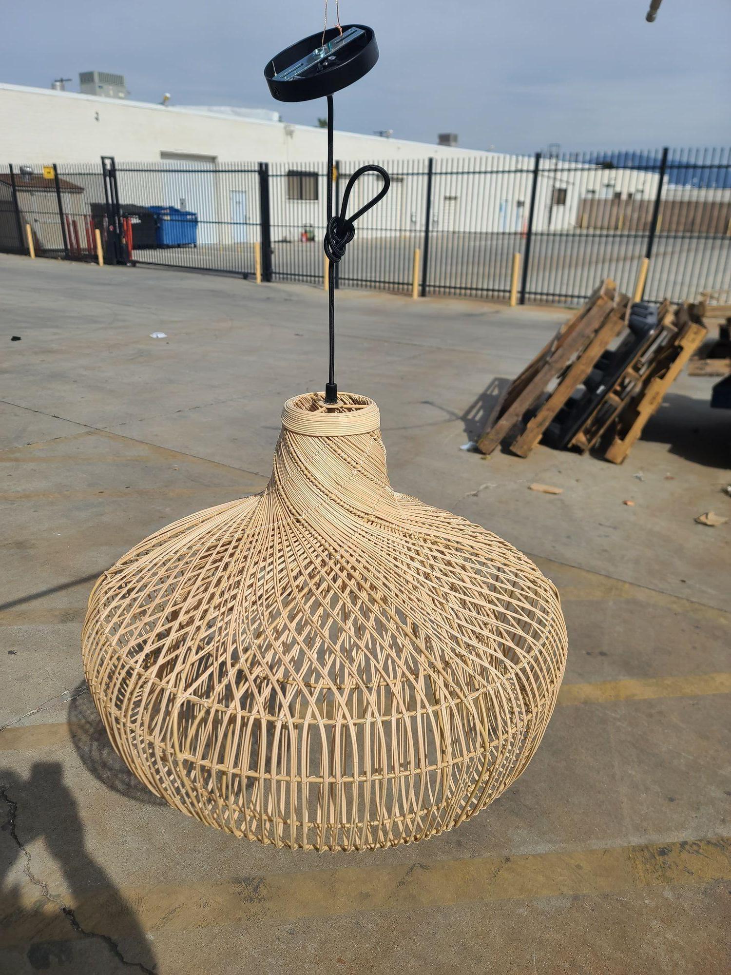 Woven Stick Reed Rattan Hanging Ceiling Lamp Pendant in Style of Franco Albini In Excellent Condition For Sale In Van Nuys, CA