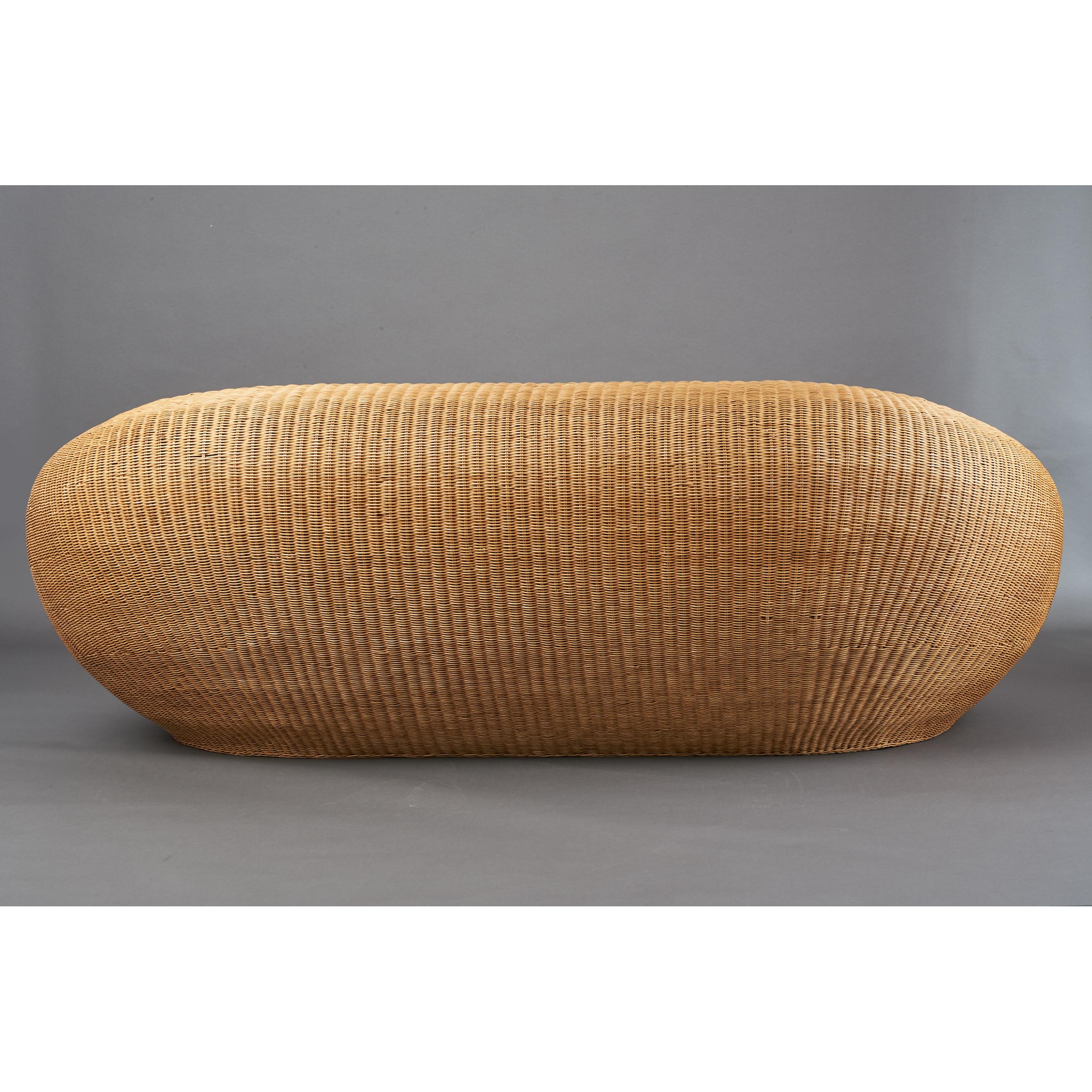 Mid-Century Modern Woven Rattan Oval Shaped Couch, ca. 1999 For Sale