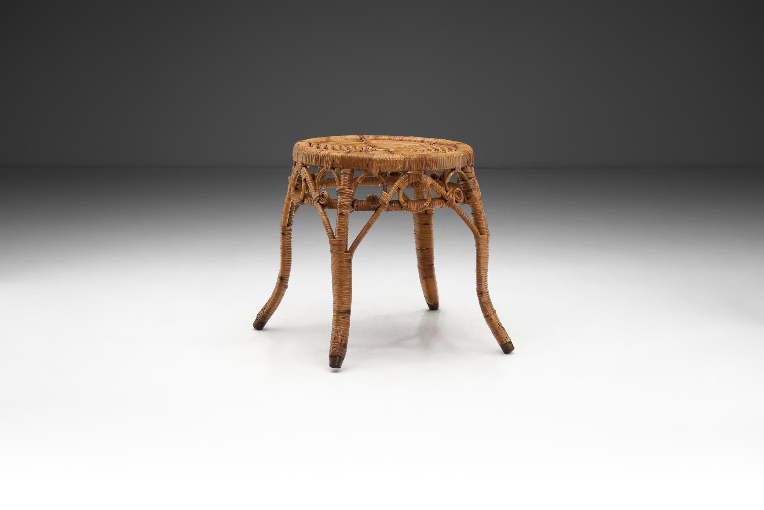 Mid-Century Modern Woven Rattan Stool, Europe Early 20th Century For Sale