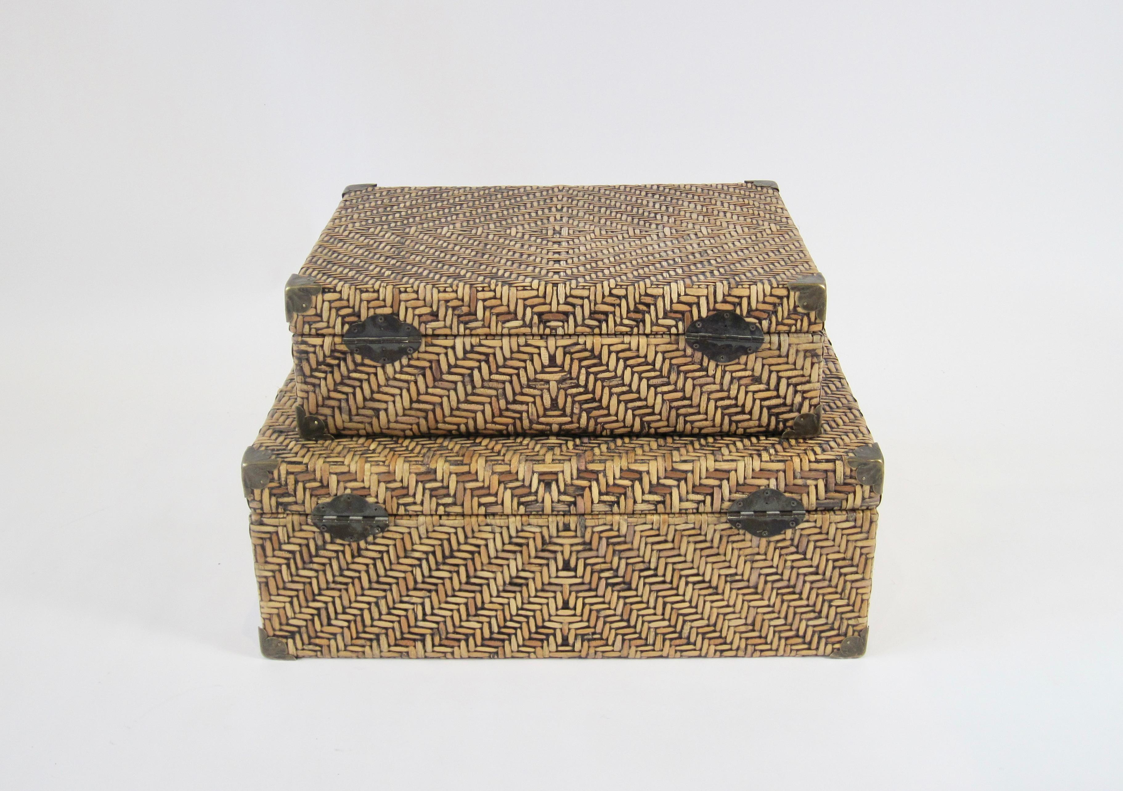 Woven Rattan Suitcase Pair with Brass Hardware For Sale 4