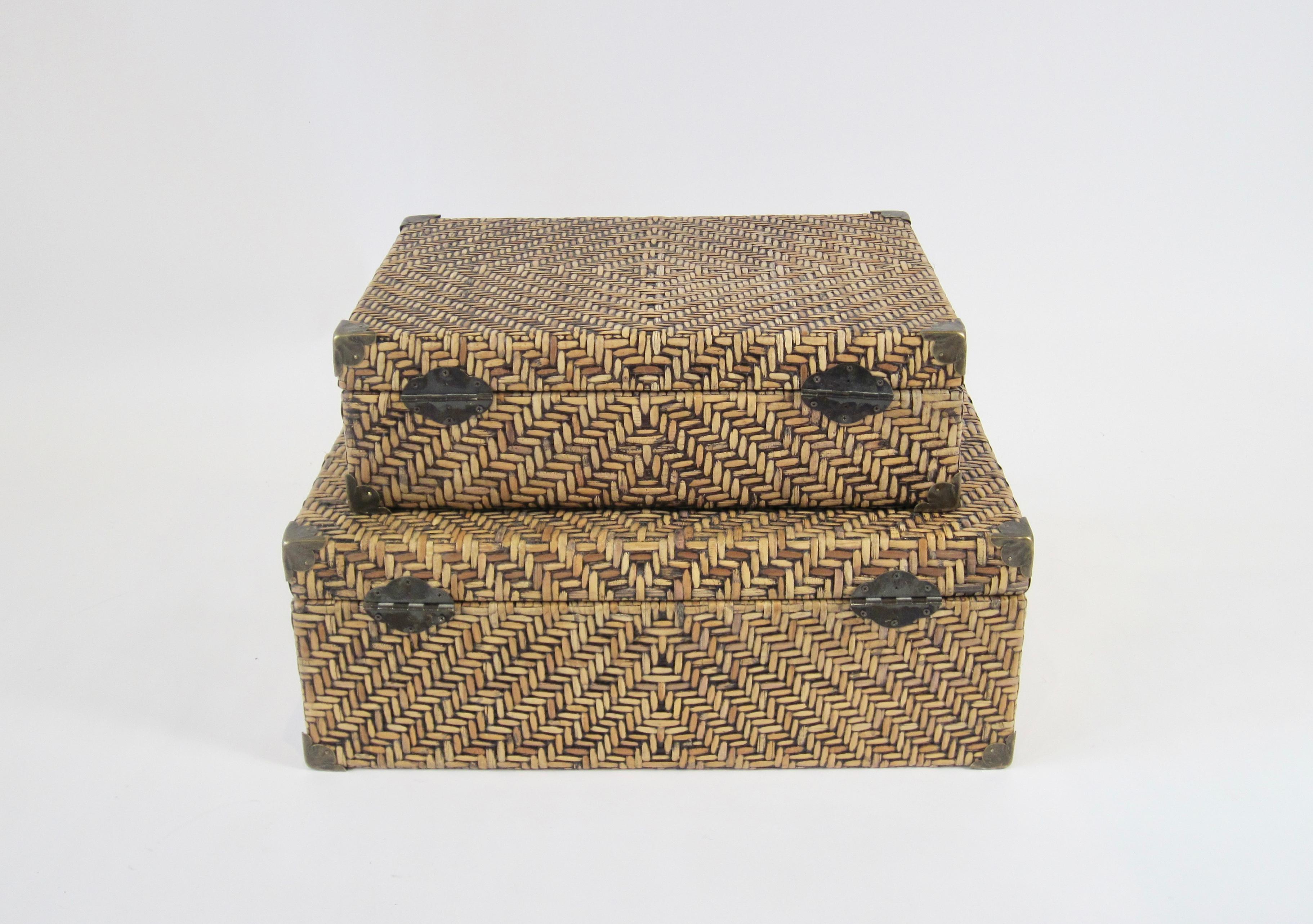 Woven Rattan Suitcase Pair with Brass Hardware 4