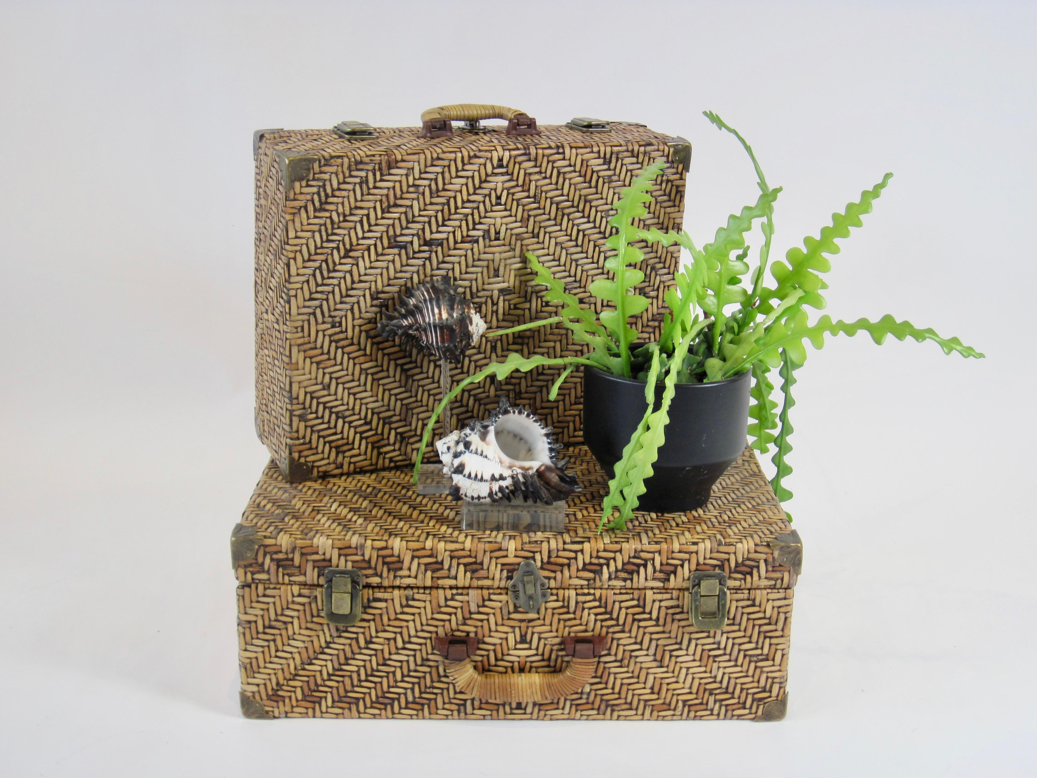 Woven Rattan Suitcase Pair with Brass Hardware For Sale 5