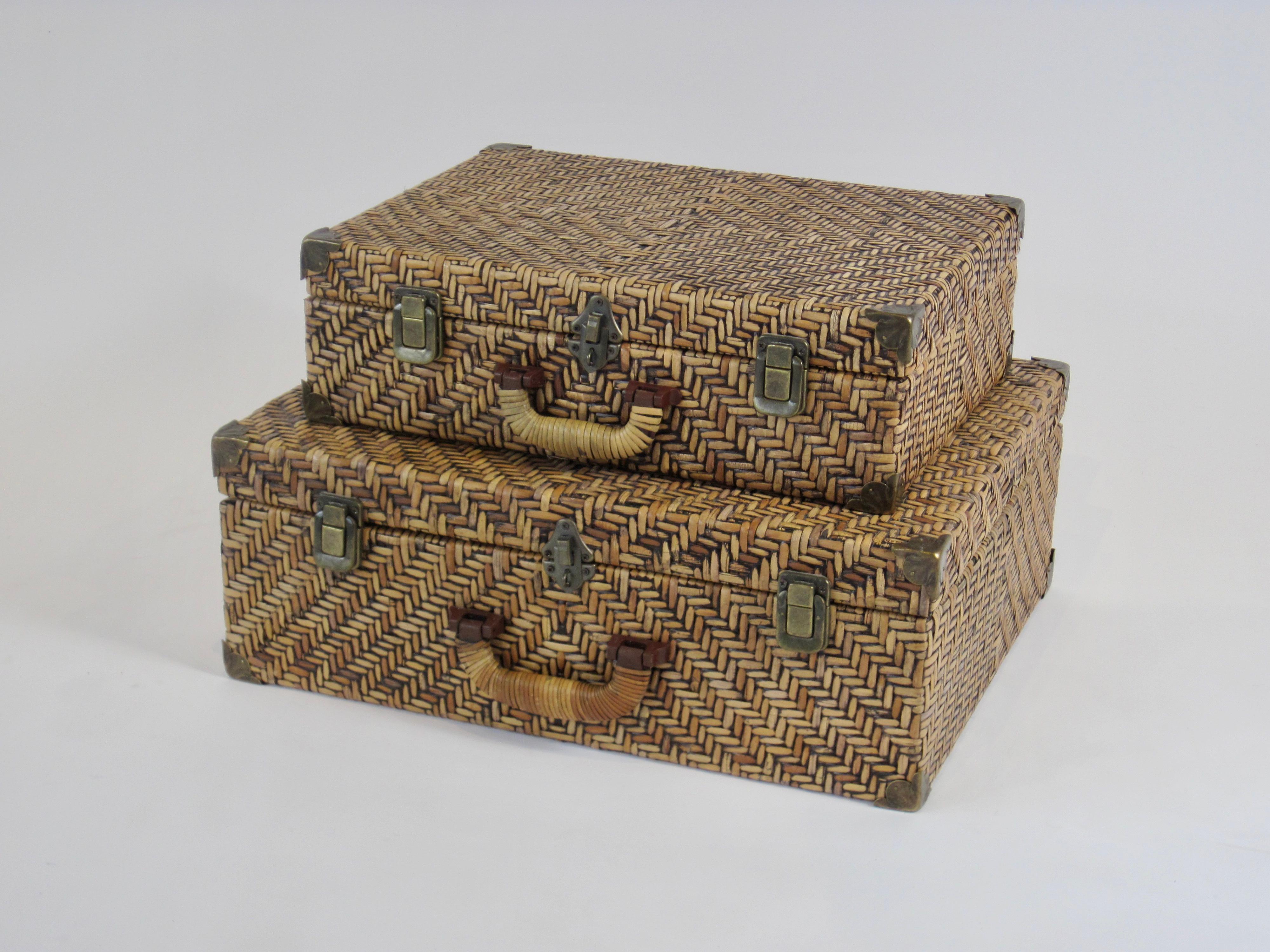 Bohemian Woven Rattan Suitcase Pair with Brass Hardware For Sale