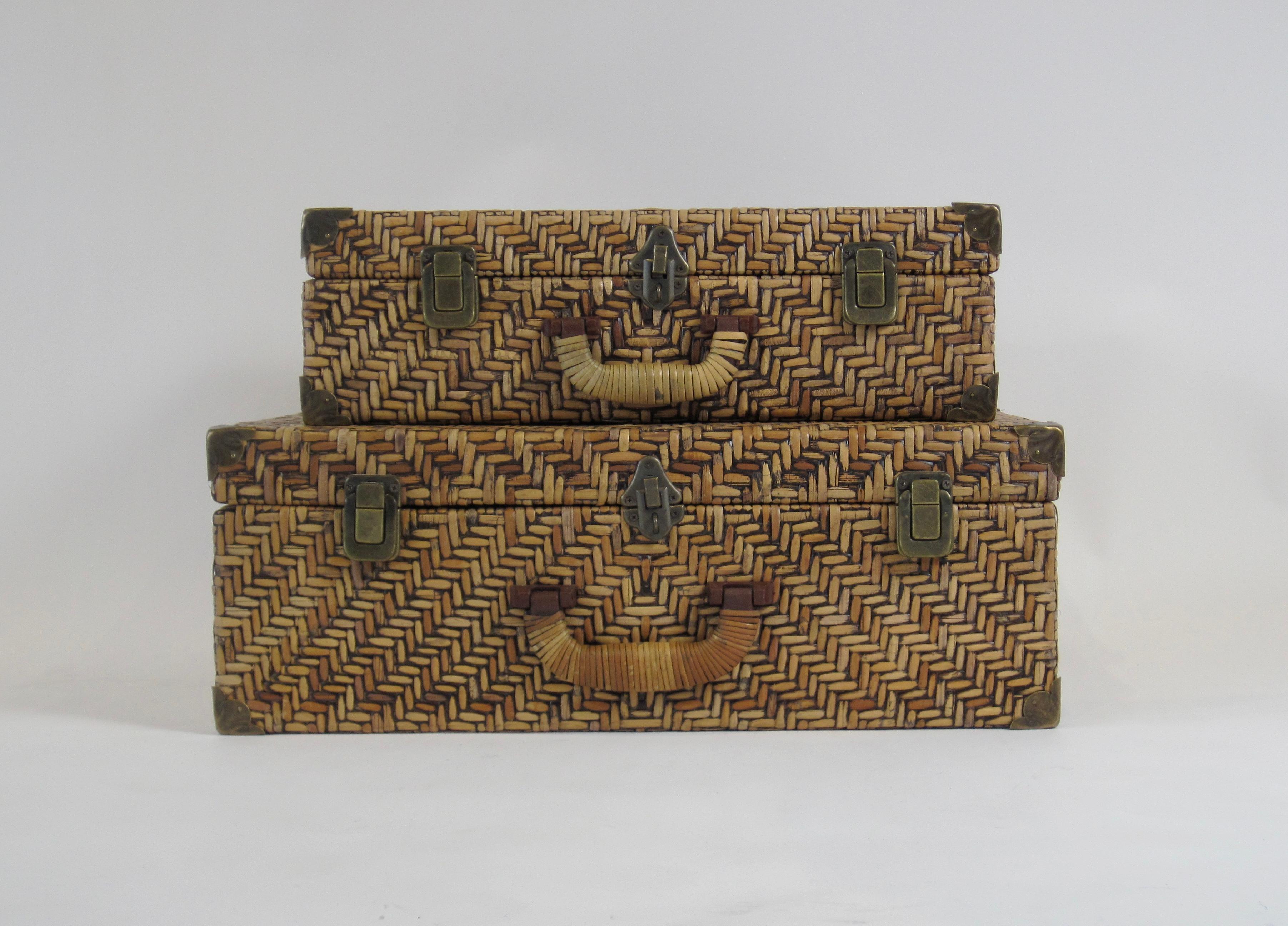 Bohemian Woven Rattan Suitcase Pair with Brass Hardware