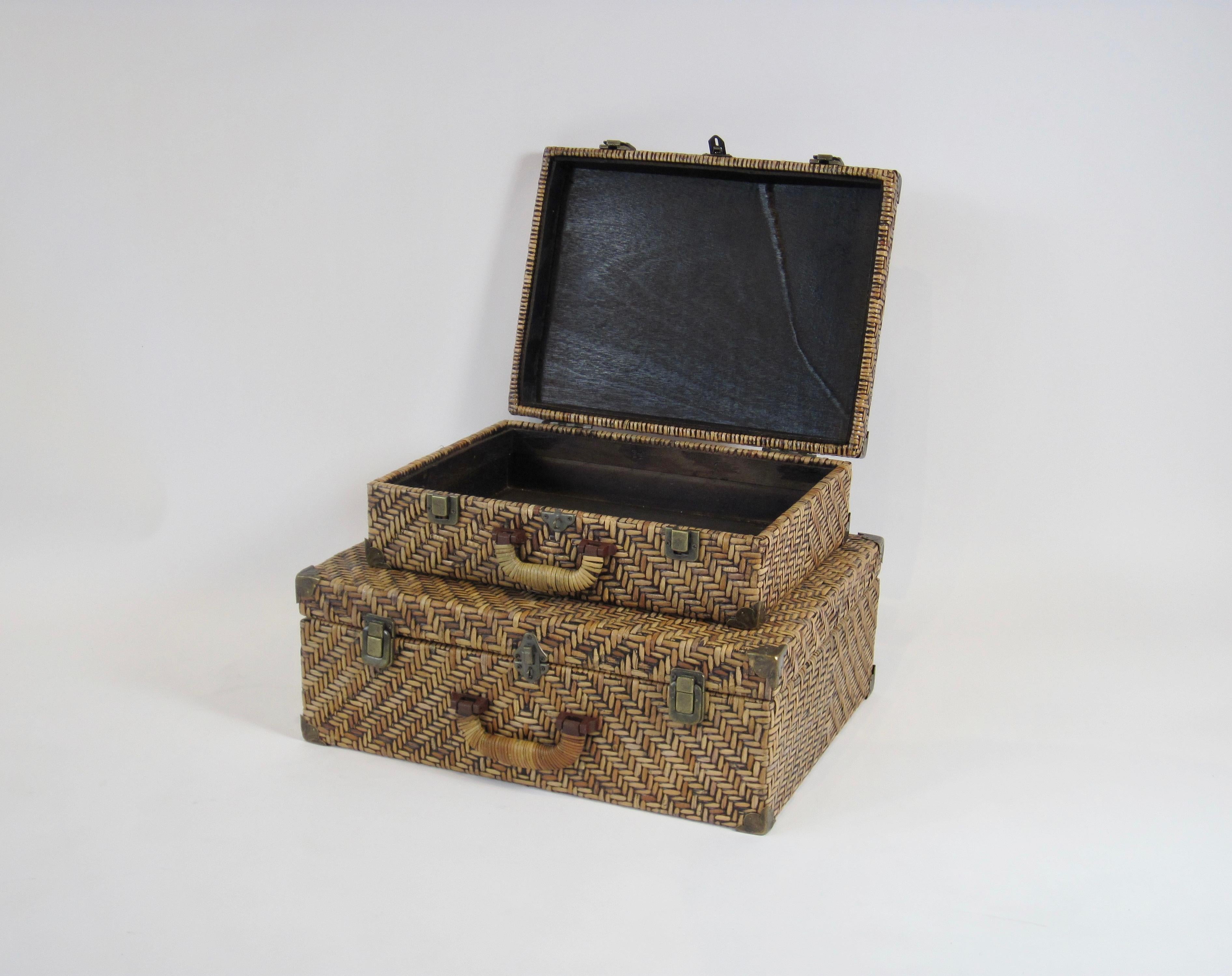 Unknown Woven Rattan Suitcase Pair with Brass Hardware For Sale