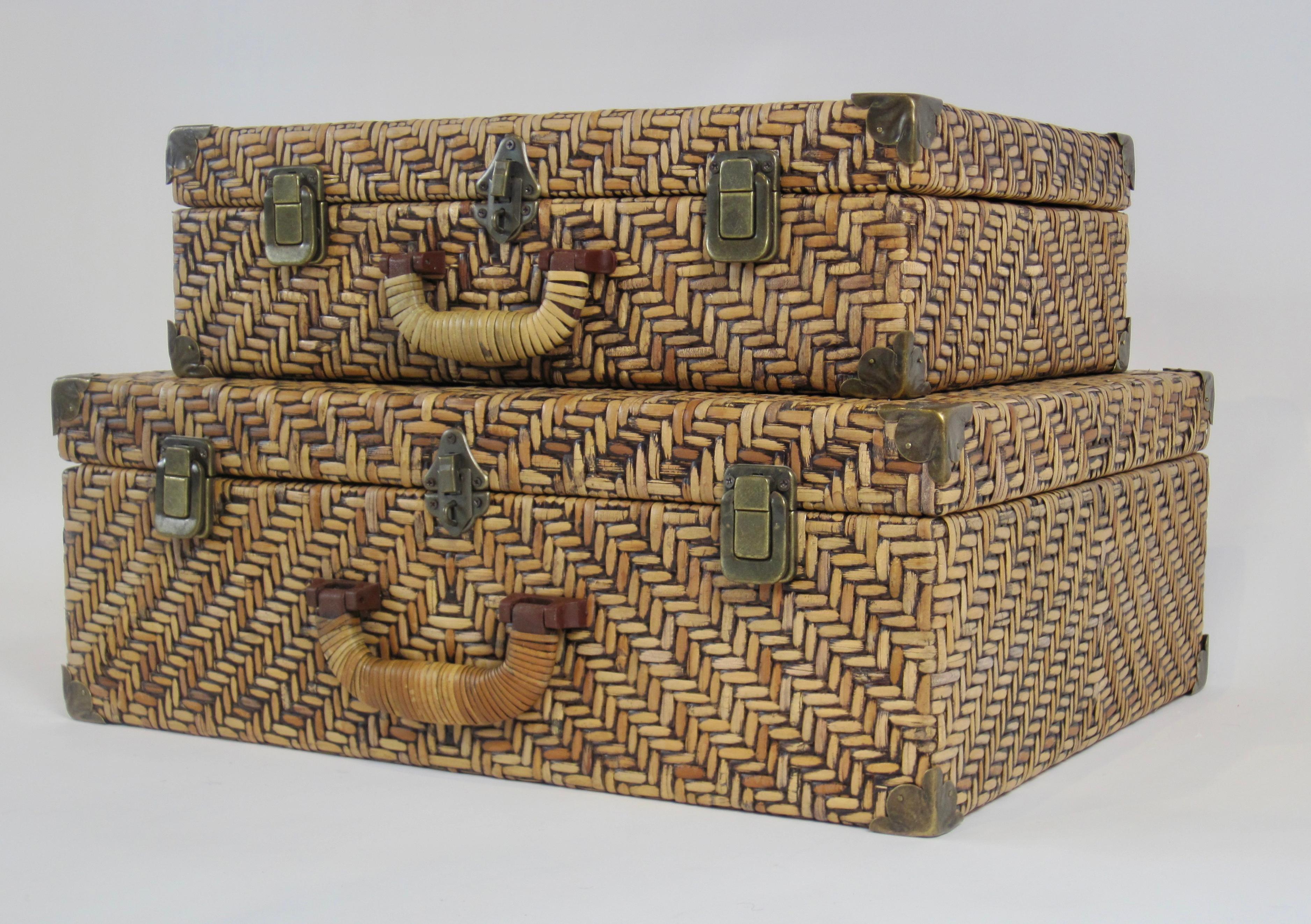 Unknown Woven Rattan Suitcase Pair with Brass Hardware