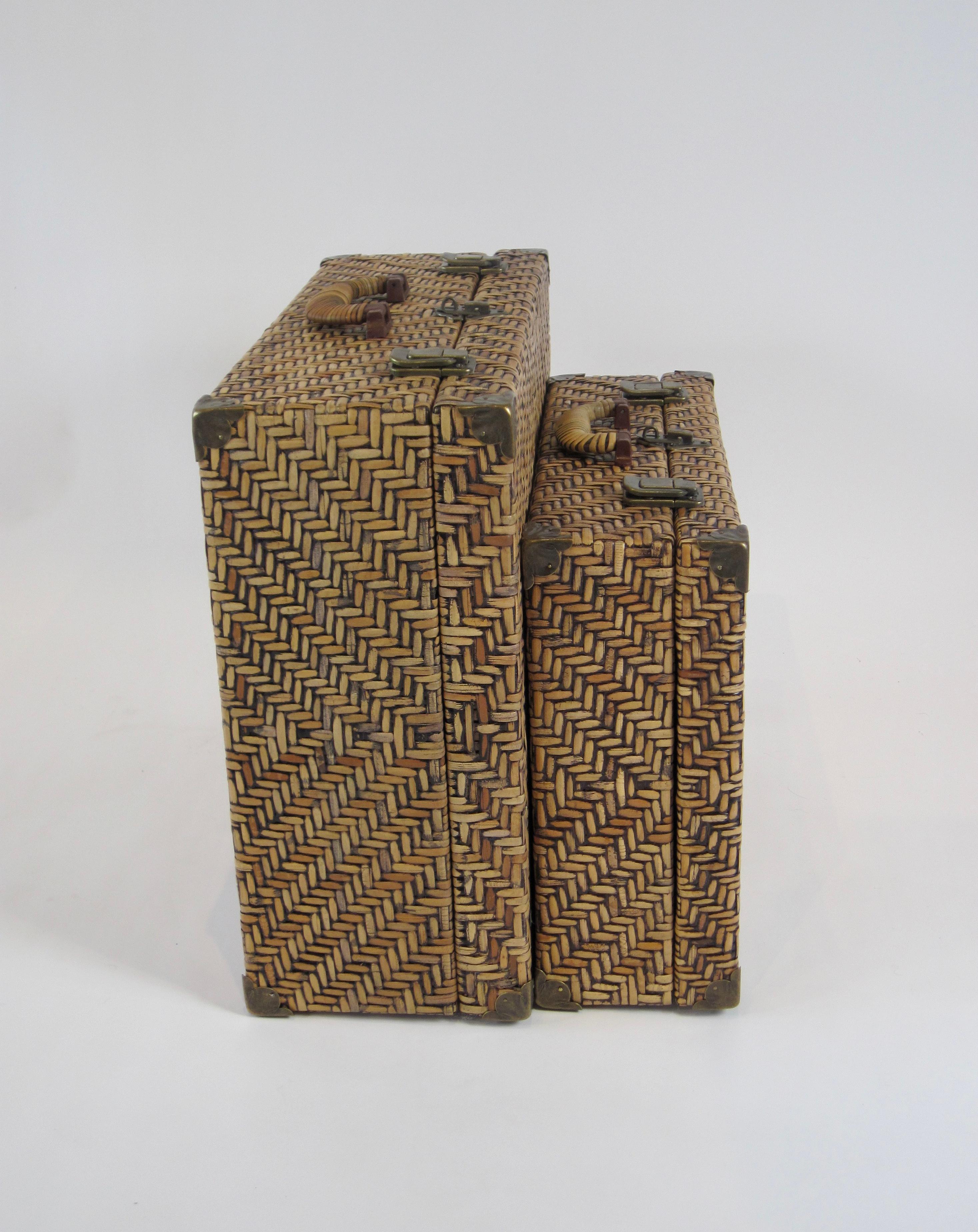 20th Century Woven Rattan Suitcase Pair with Brass Hardware For Sale
