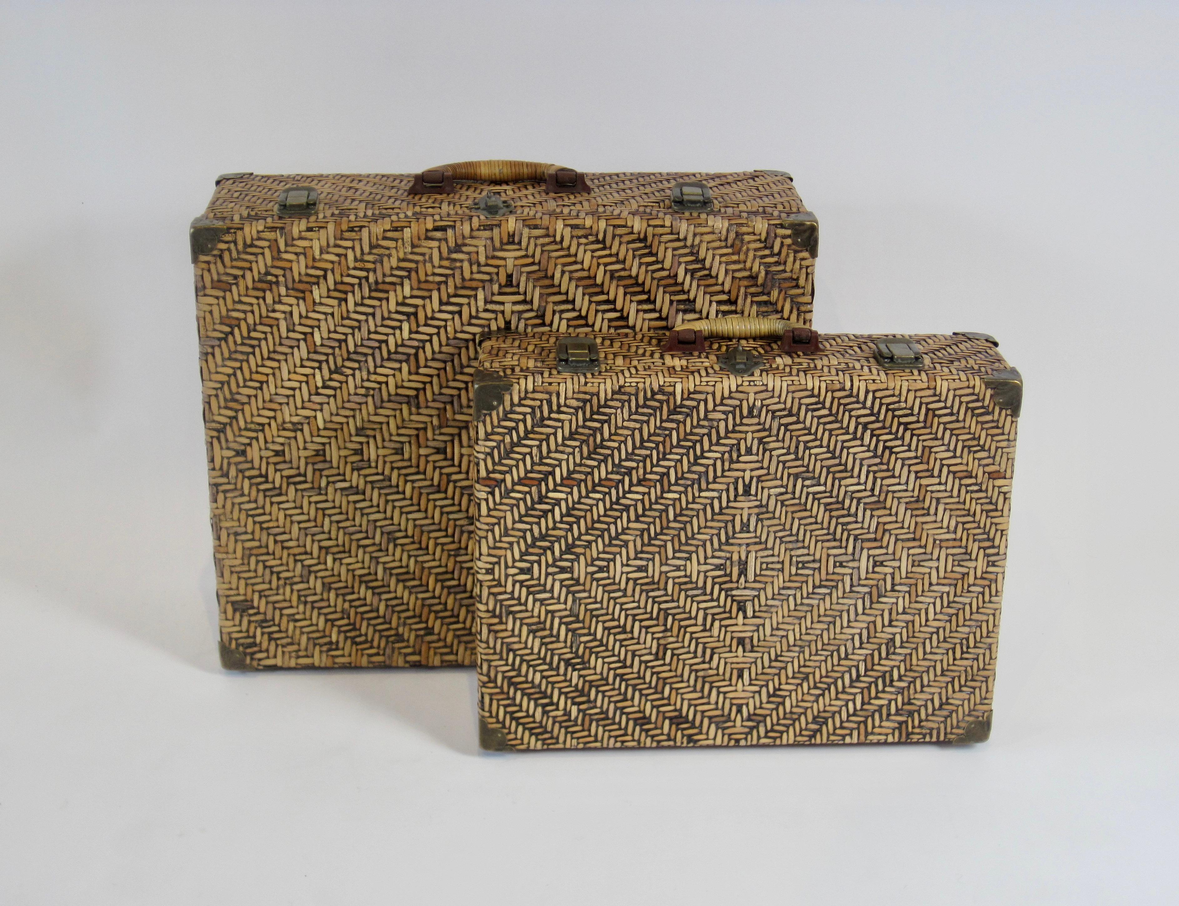 Woven Rattan Suitcase Pair with Brass Hardware For Sale 1