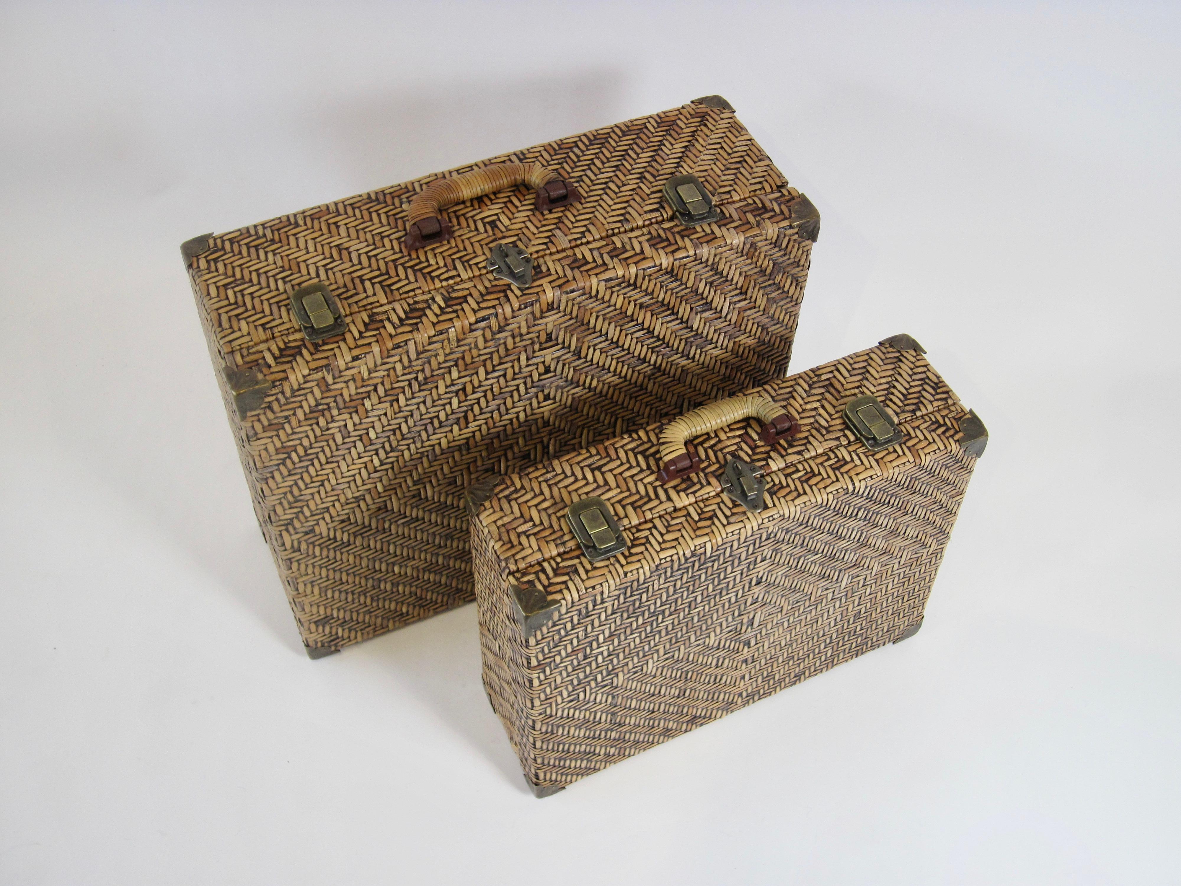 Woven Rattan Suitcase Pair with Brass Hardware For Sale 2