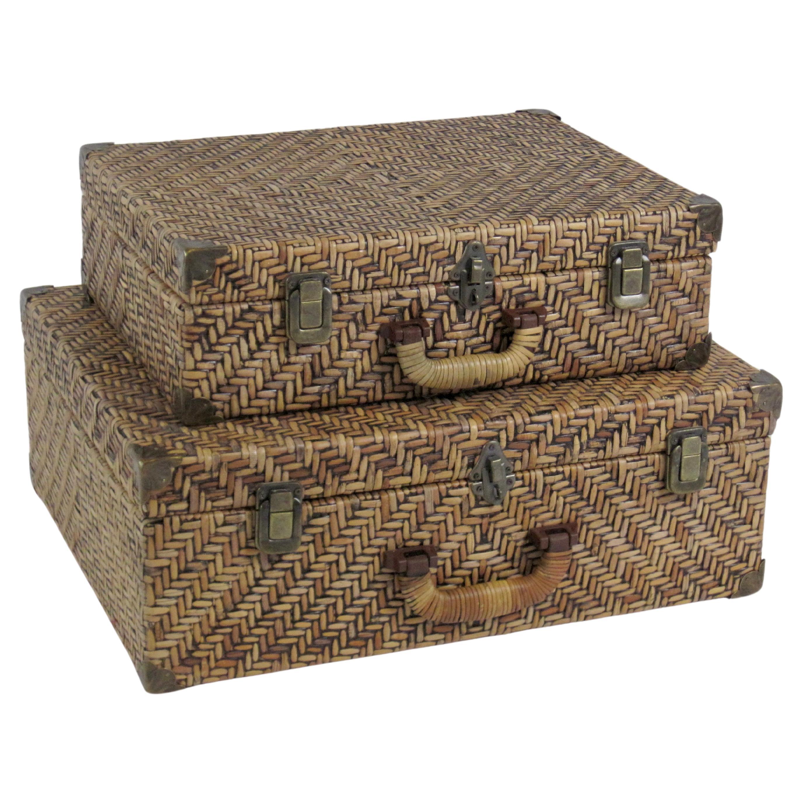 Woven Rattan Suitcase Pair with Brass Hardware For Sale