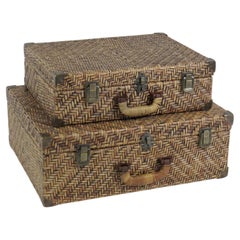 Vintage Woven Rattan Suitcase Pair with Brass Hardware