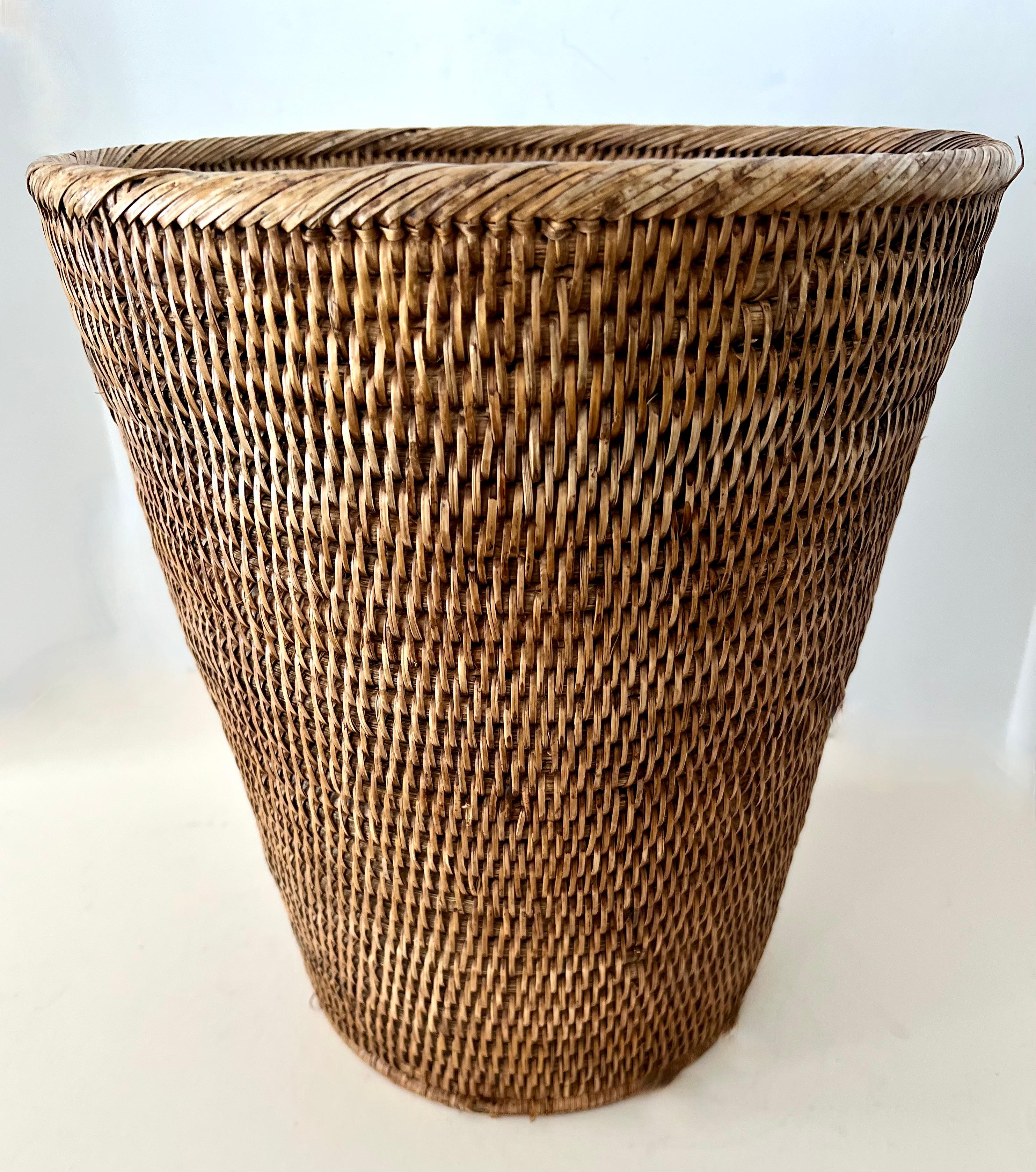 Mid-Century Modern Woven Rattan Waste Basket For Sale