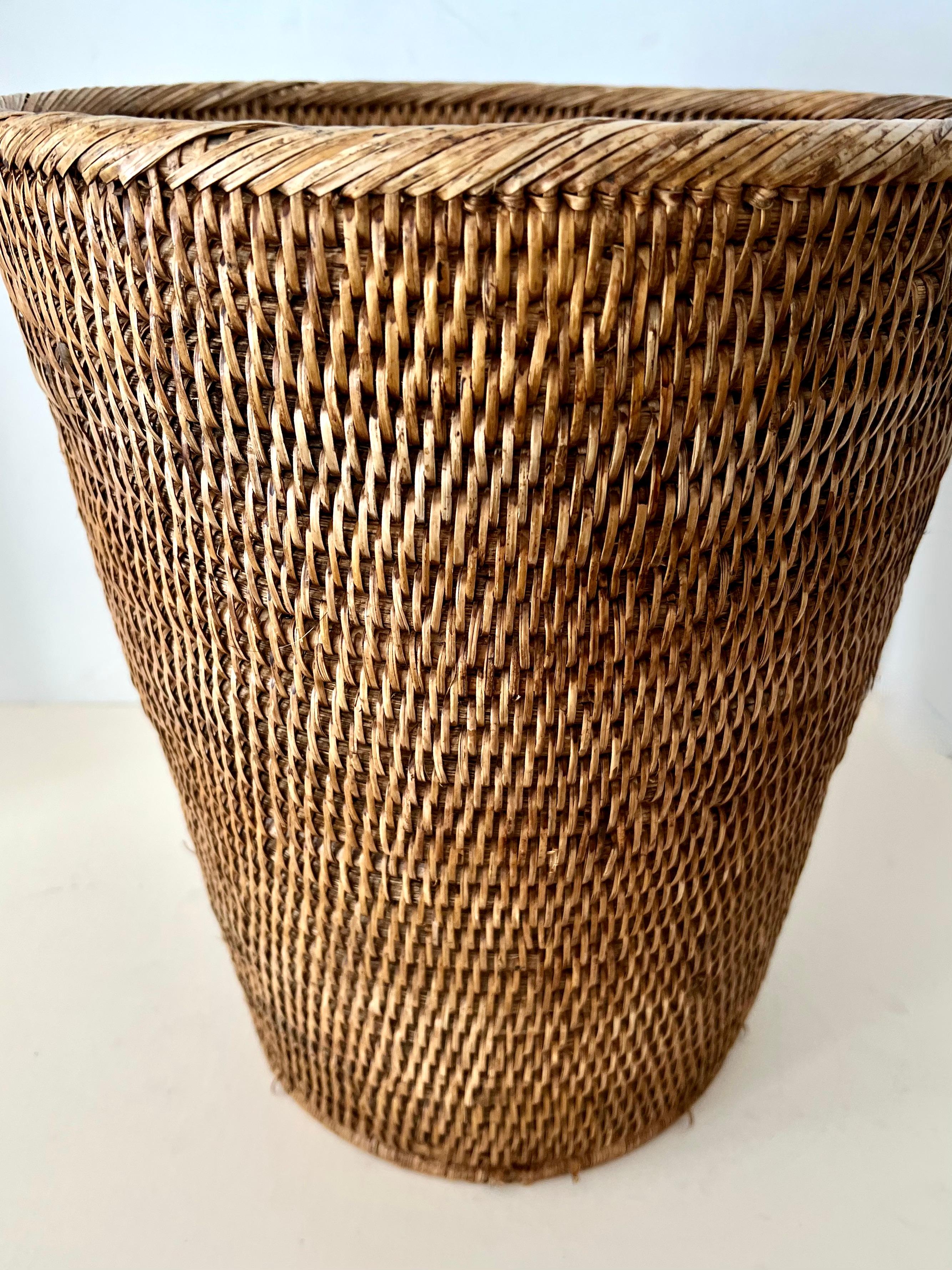 Patinated Woven Rattan Waste Basket