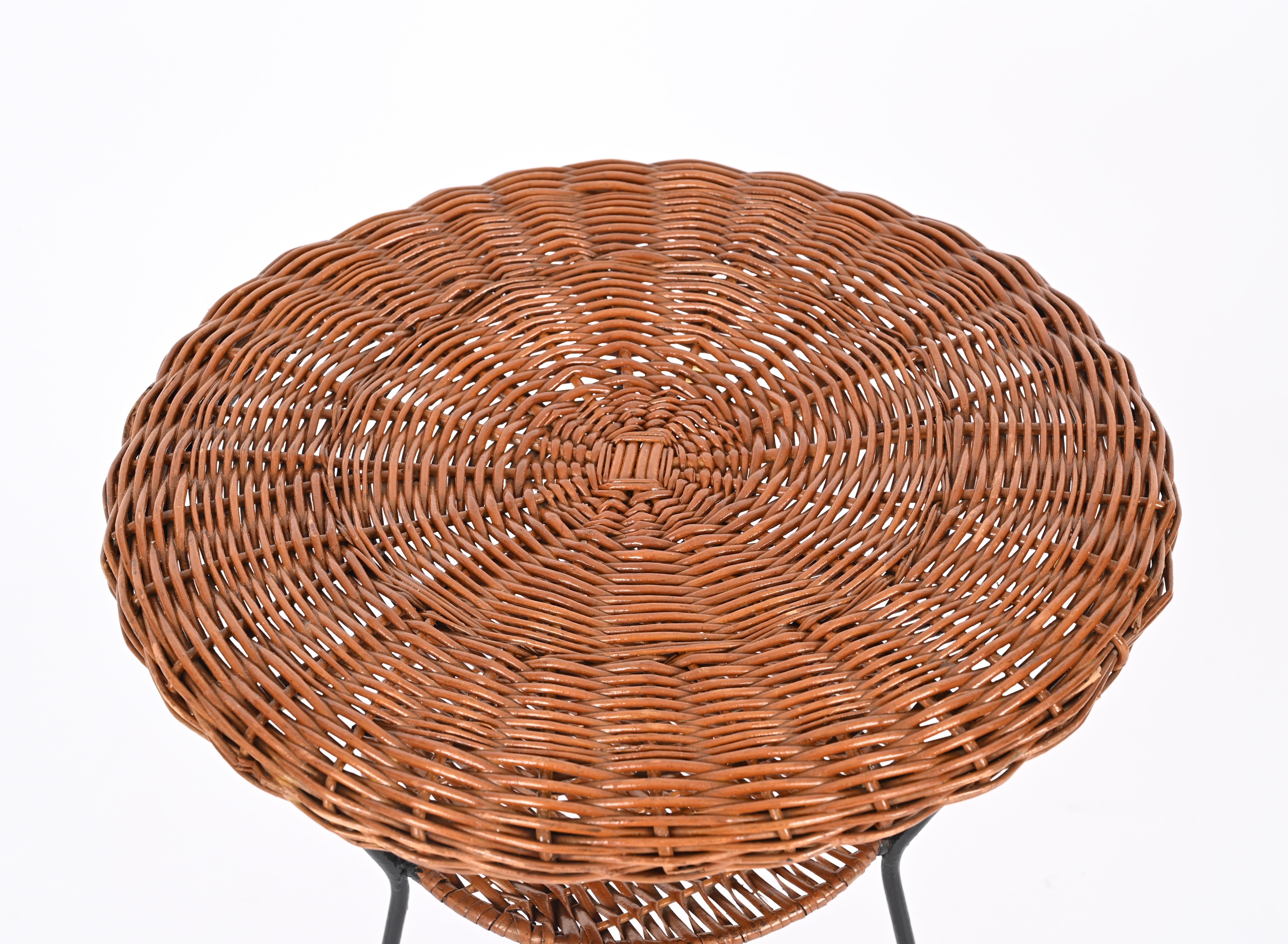 Woven Rattan, Wicker and Iron Two-Tier Round Coffee Table, Matégot, France 1960s For Sale 3