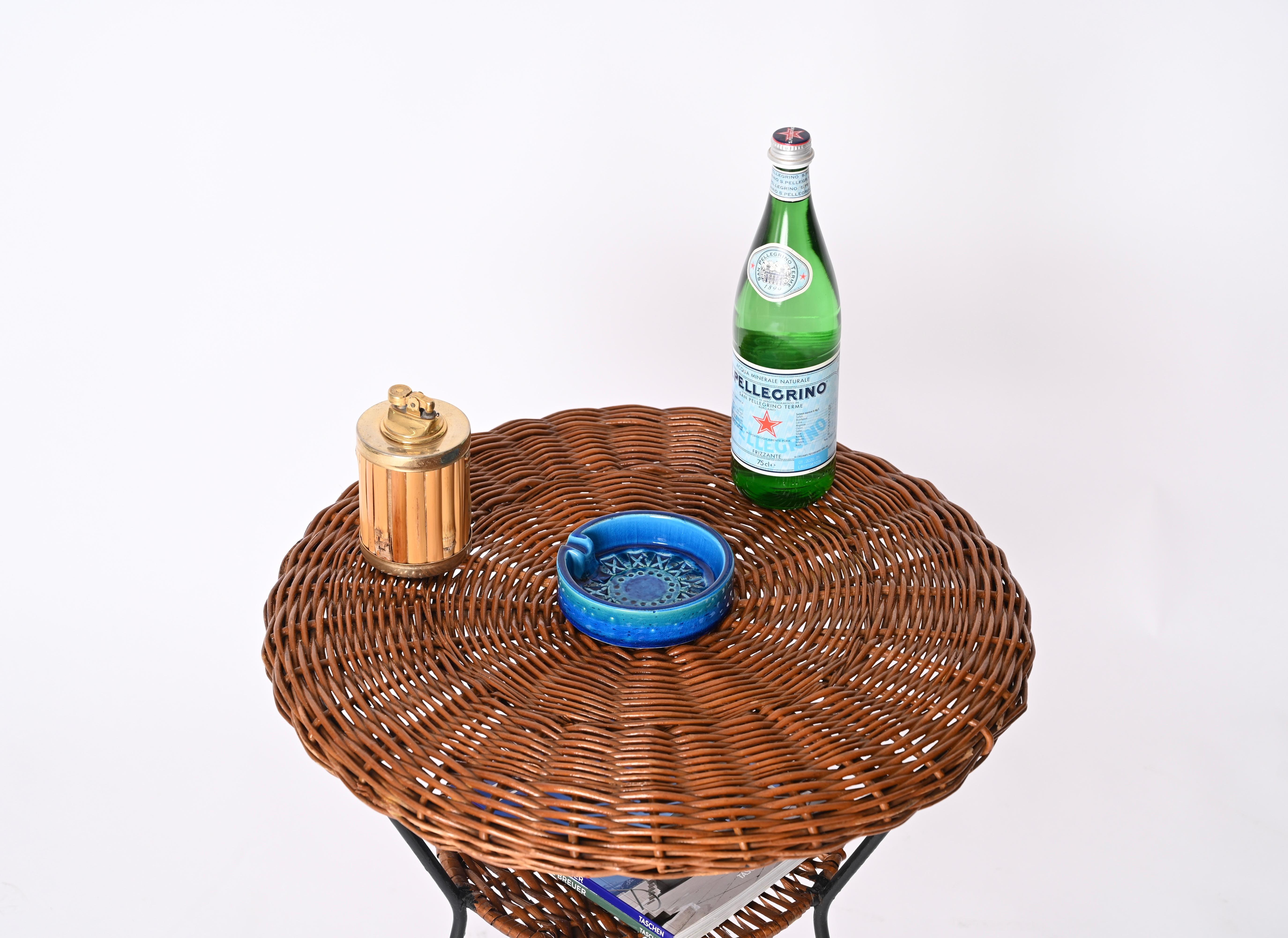 Woven Rattan, Wicker and Iron Two-Tier Round Coffee Table, Matégot, France 1960s For Sale 6
