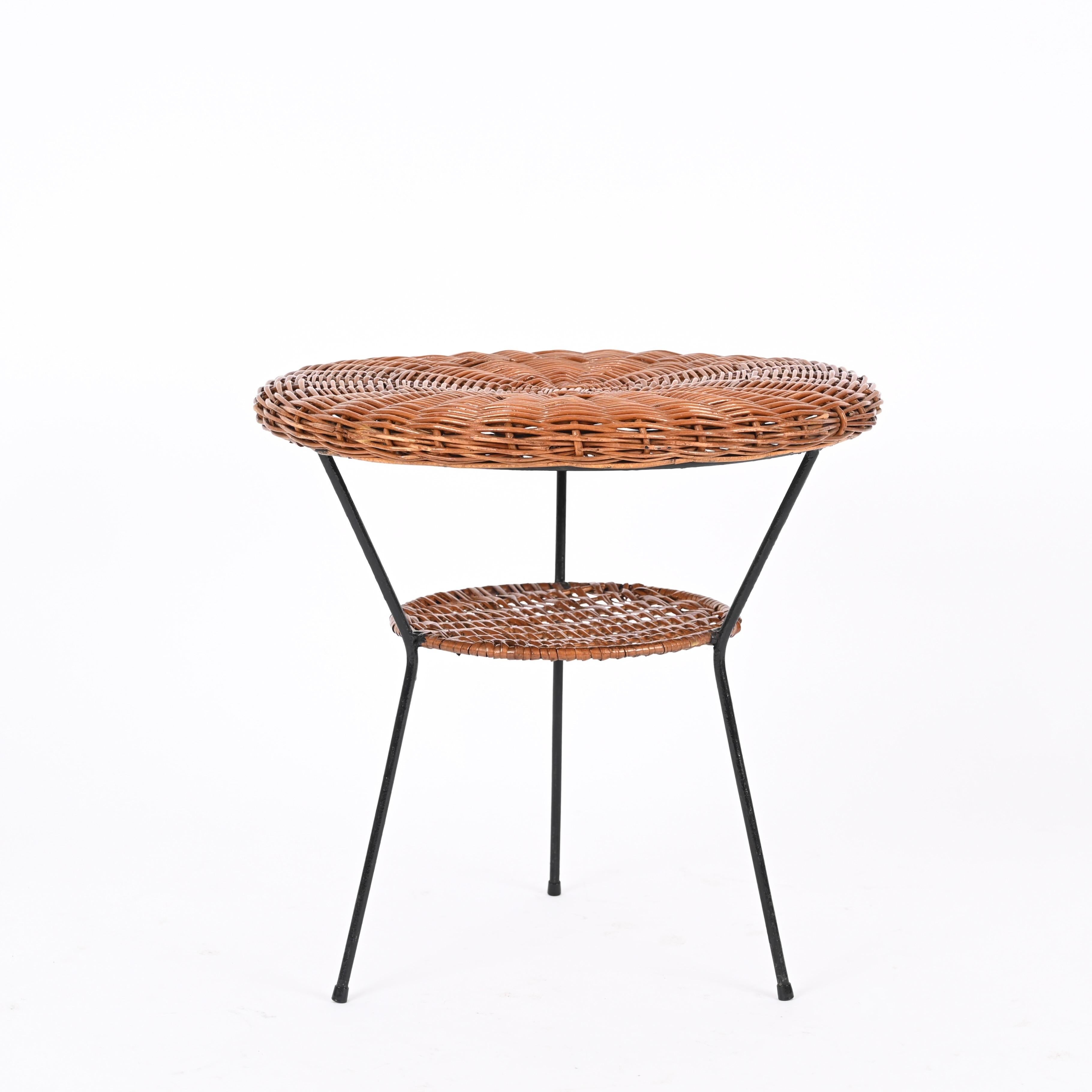 Mid-Century Modern Woven Rattan, Wicker and Iron Two-Tier Round Coffee Table, Matégot, France 1960s For Sale