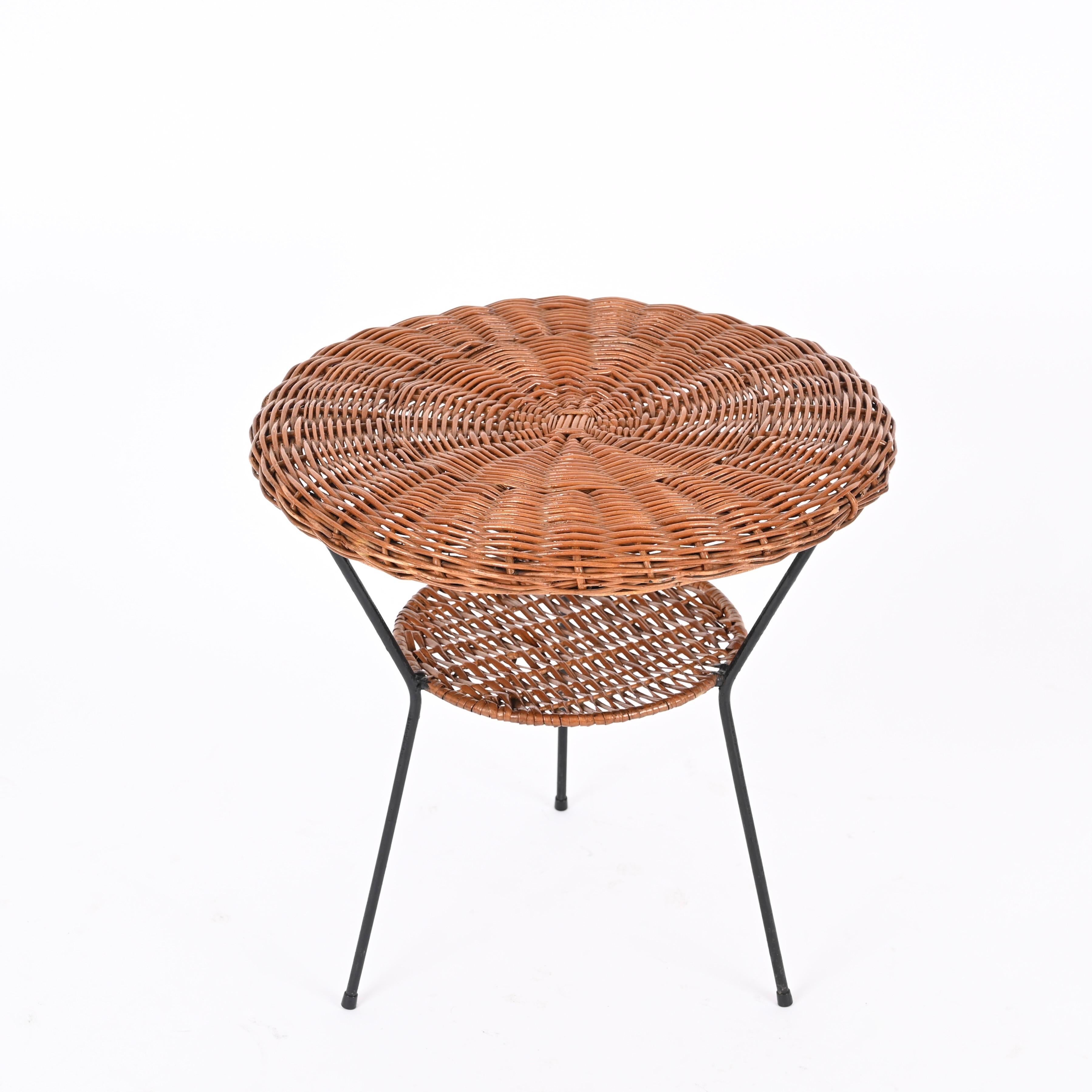 French Woven Rattan, Wicker and Iron Two-Tier Round Coffee Table, Matégot, France 1960s For Sale