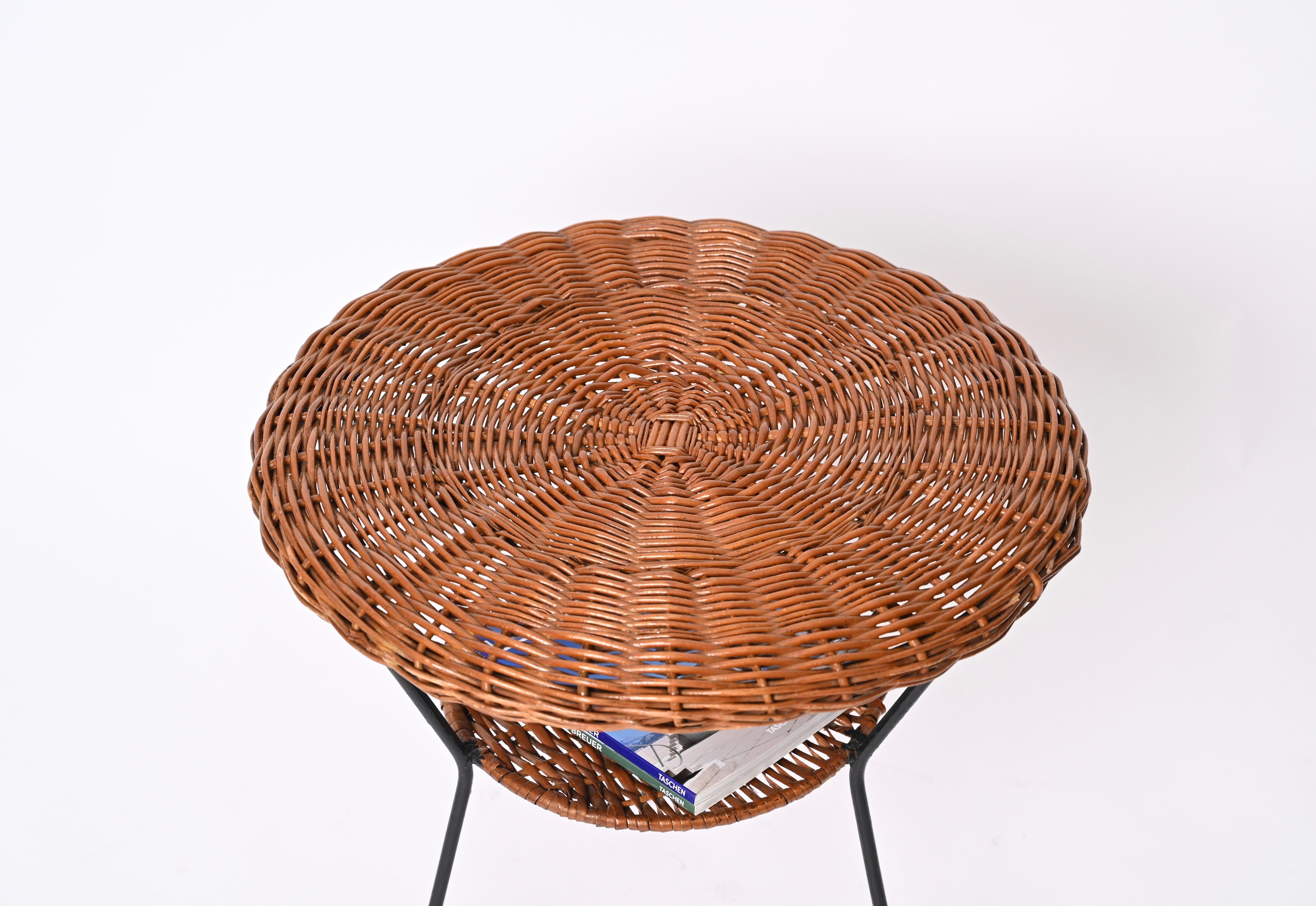 Enameled Woven Rattan, Wicker and Iron Two-Tier Round Coffee Table, Matégot, France 1960s For Sale