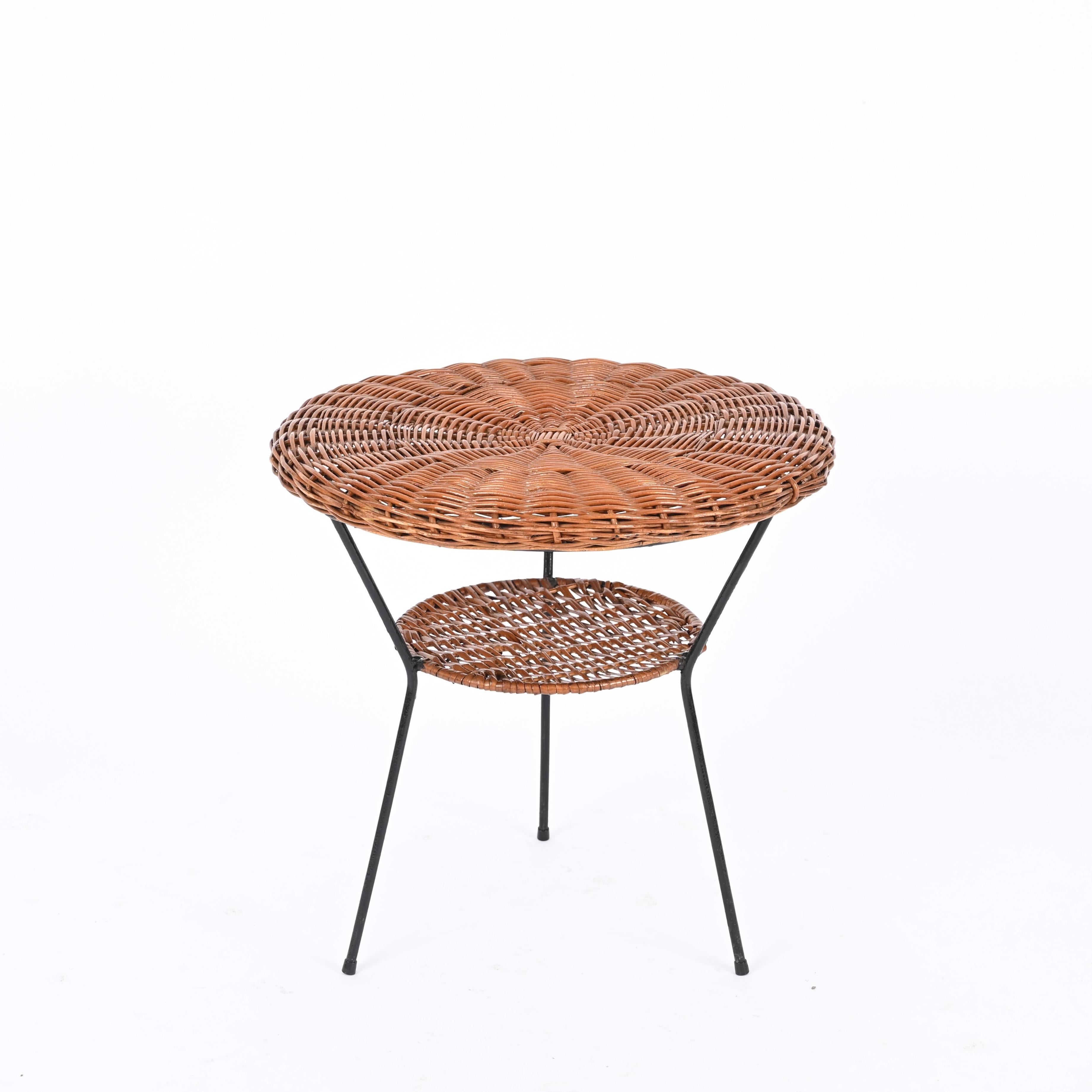 Mid-20th Century Woven Rattan, Wicker and Iron Two-Tier Round Coffee Table, Matégot, France 1960s For Sale