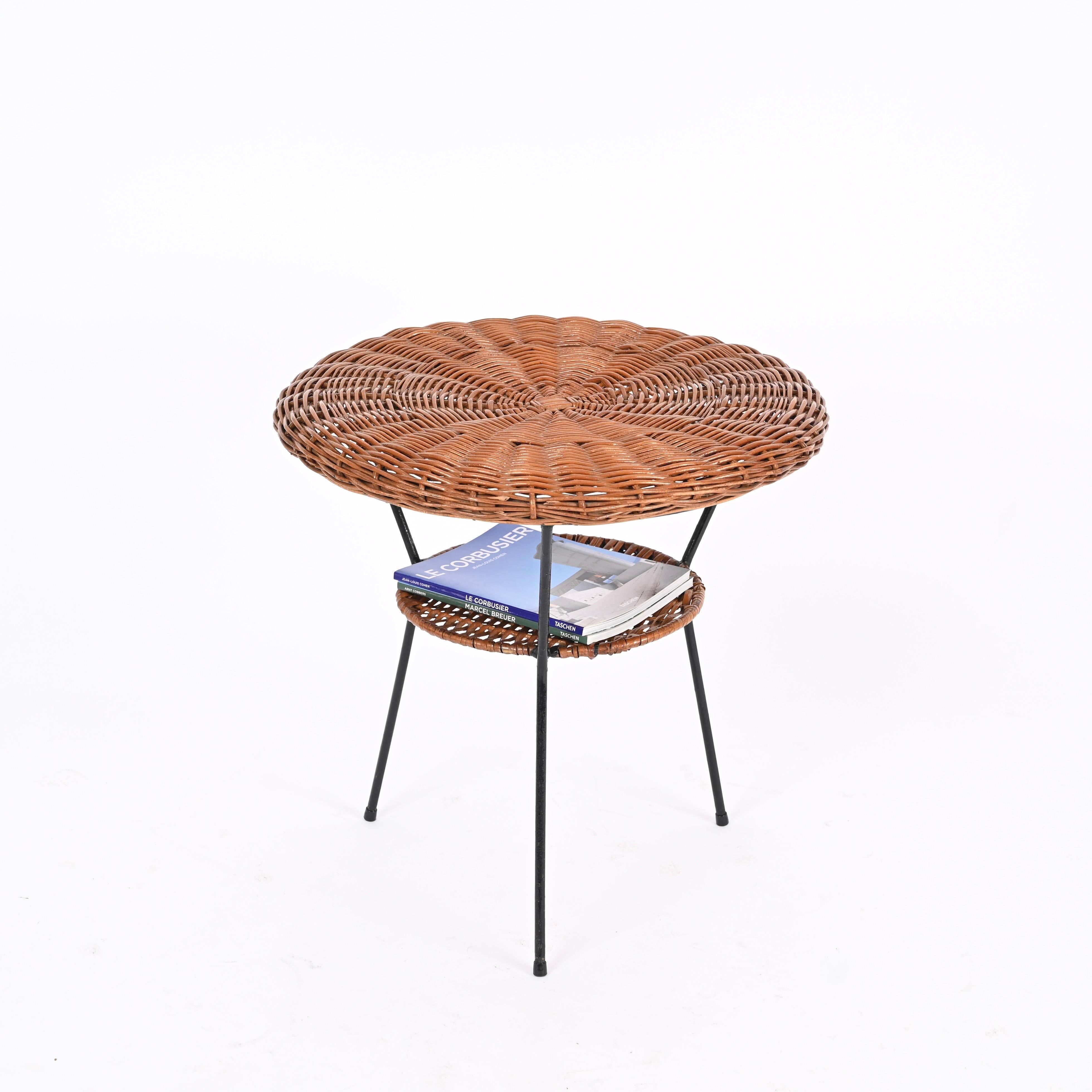 Woven Rattan, Wicker and Iron Two-Tier Round Coffee Table, Matégot, France 1960s For Sale 1