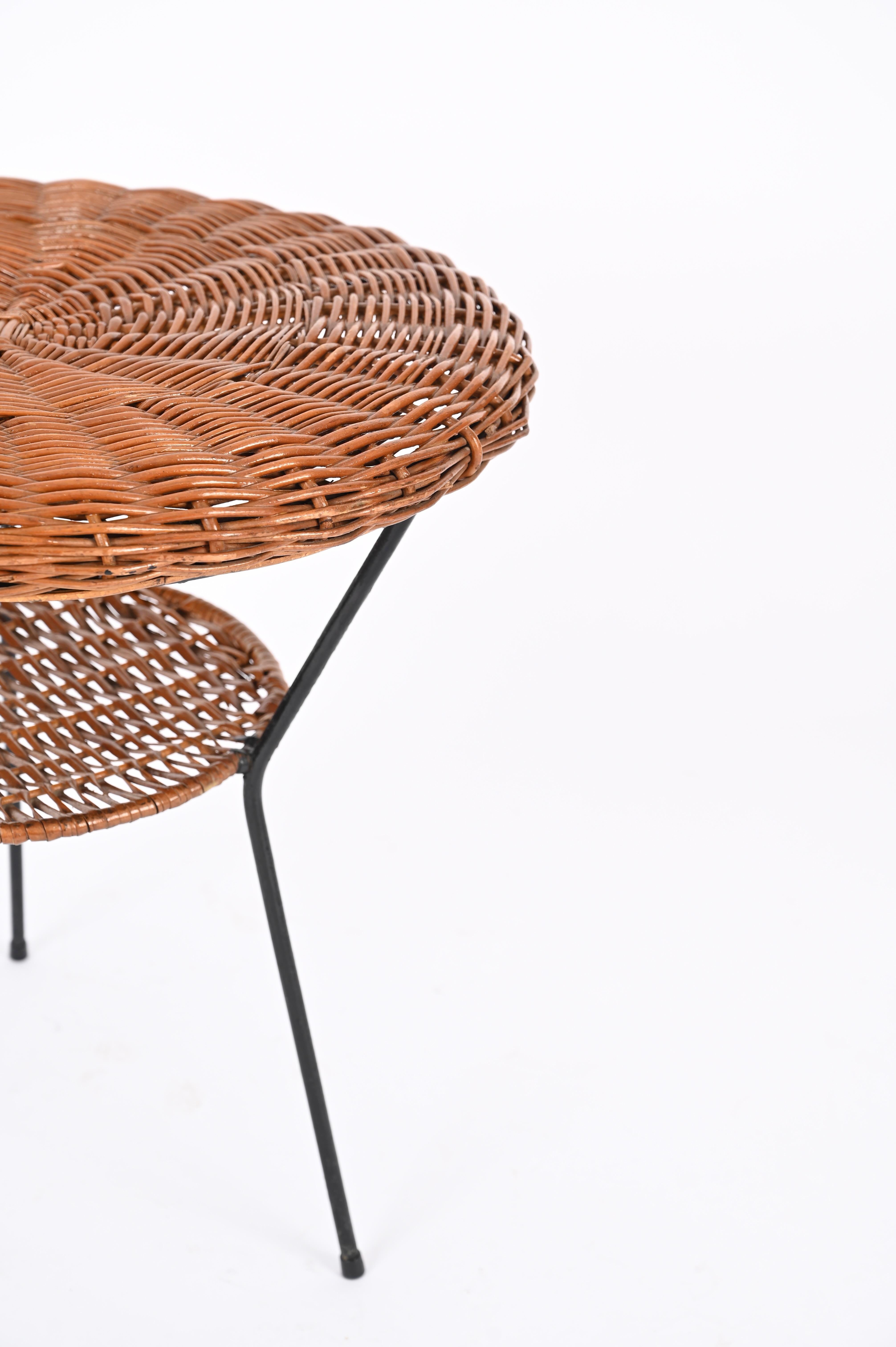 Woven Rattan, Wicker and Iron Two-Tier Round Coffee Table, Matégot, France 1960s For Sale 2