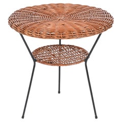Retro Woven Rattan, Wicker and Iron Two-Tier Round Coffee Table, Matégot, France 1960s