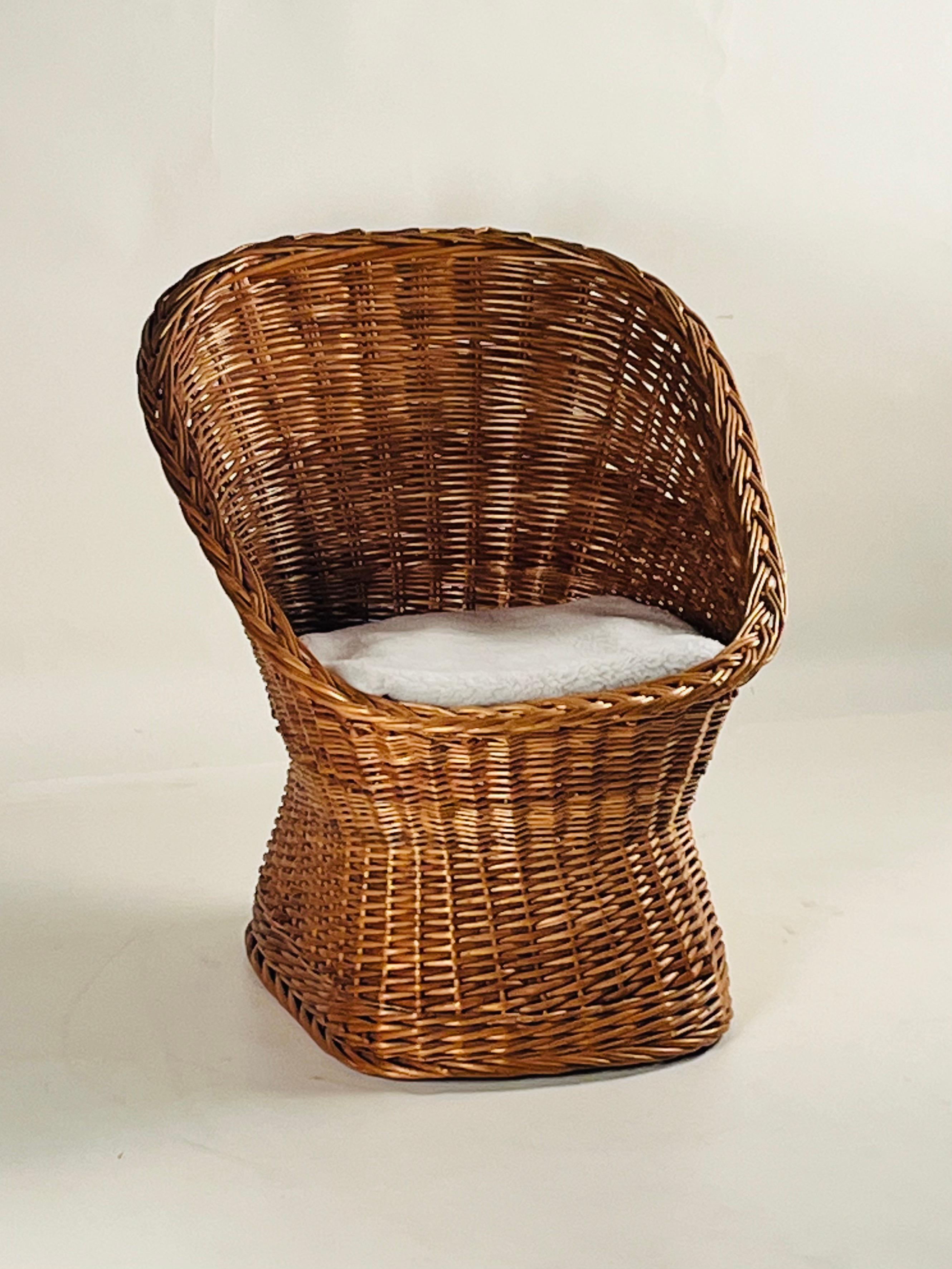 Woven Rattan Wicker Barrel Chair with Shearling Pad For Sale 6