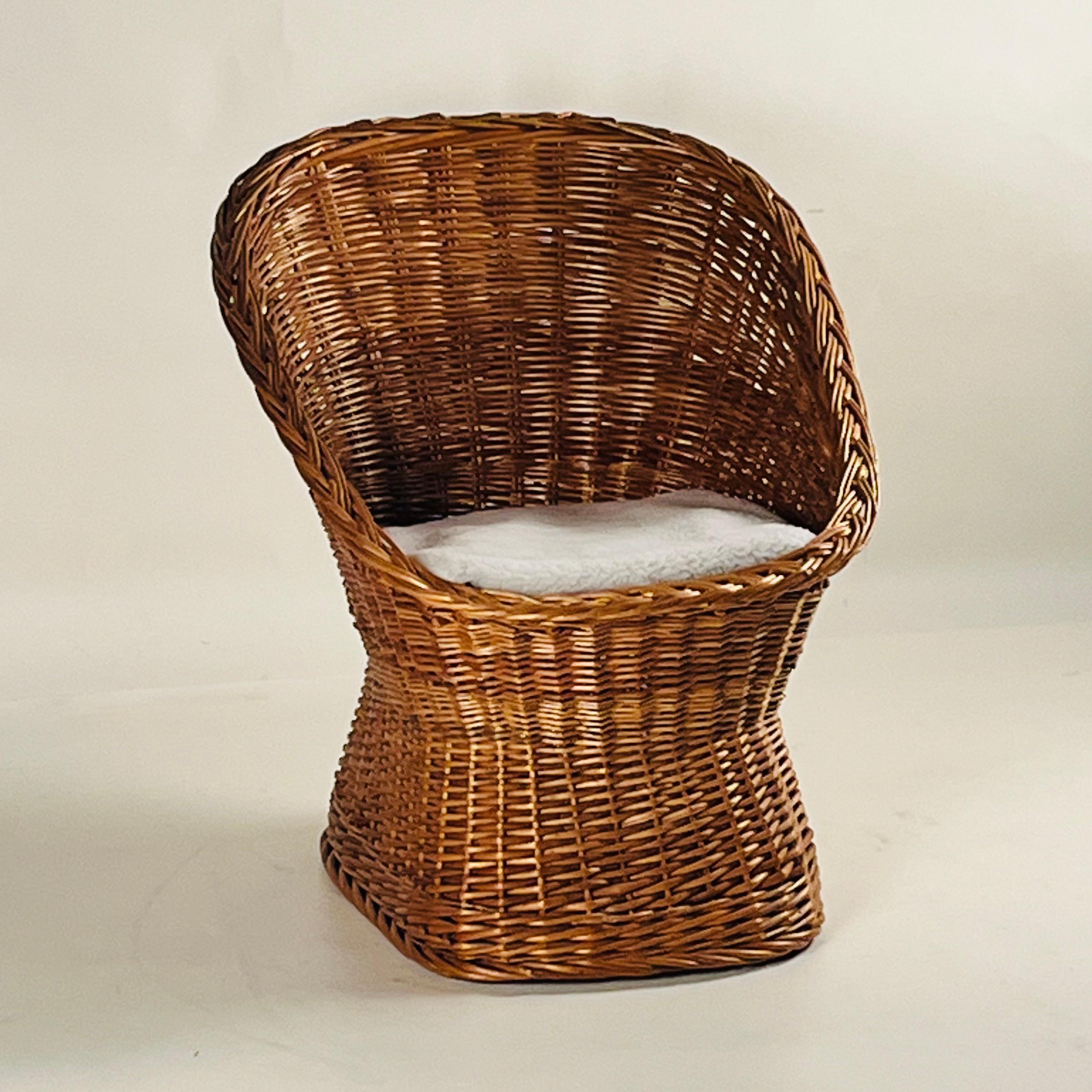 Woven Rattan Wicker Barrel Chair with Shearling Pad For Sale 7