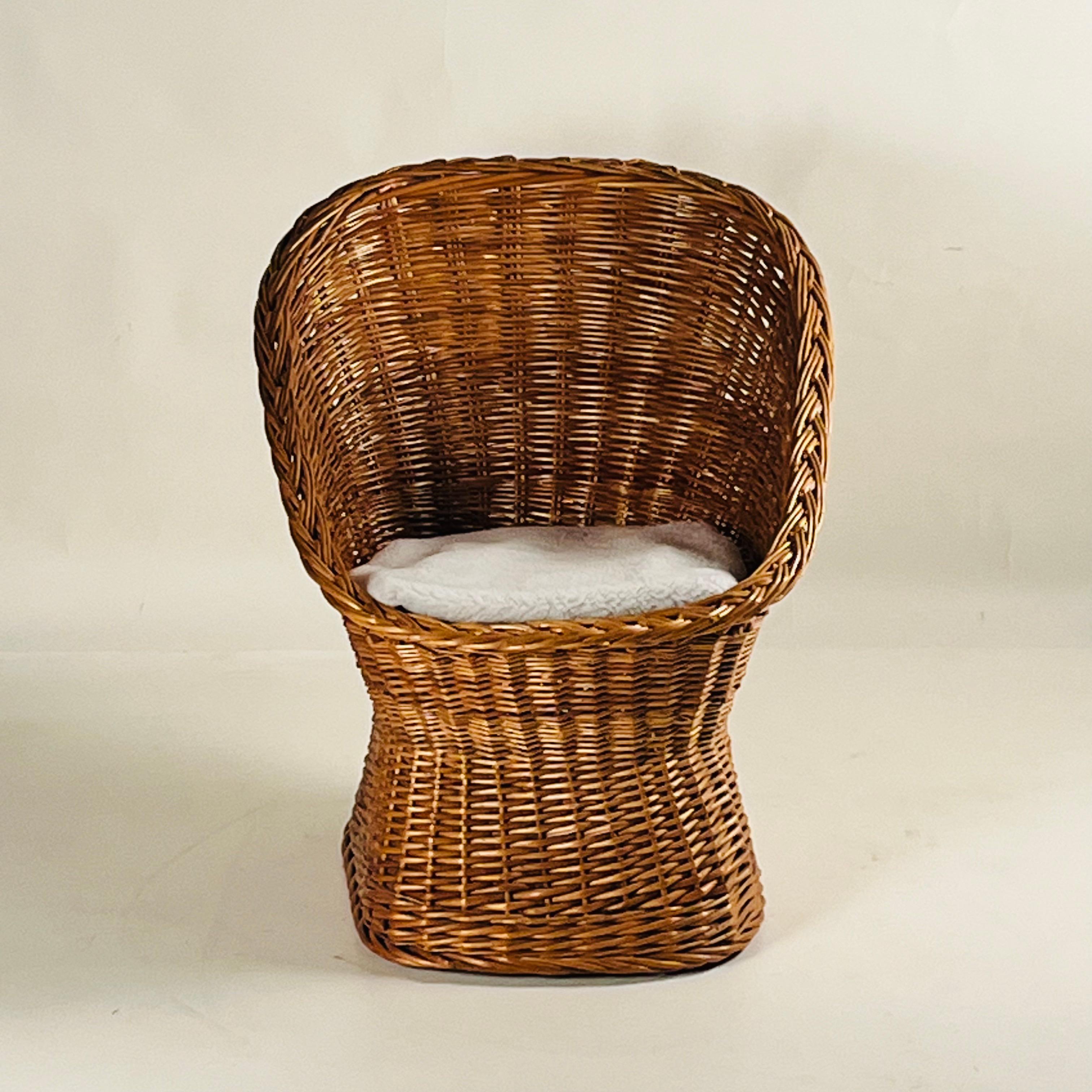 Woven Rattan Wicker Barrel Chair with Shearling Pad For Sale 8