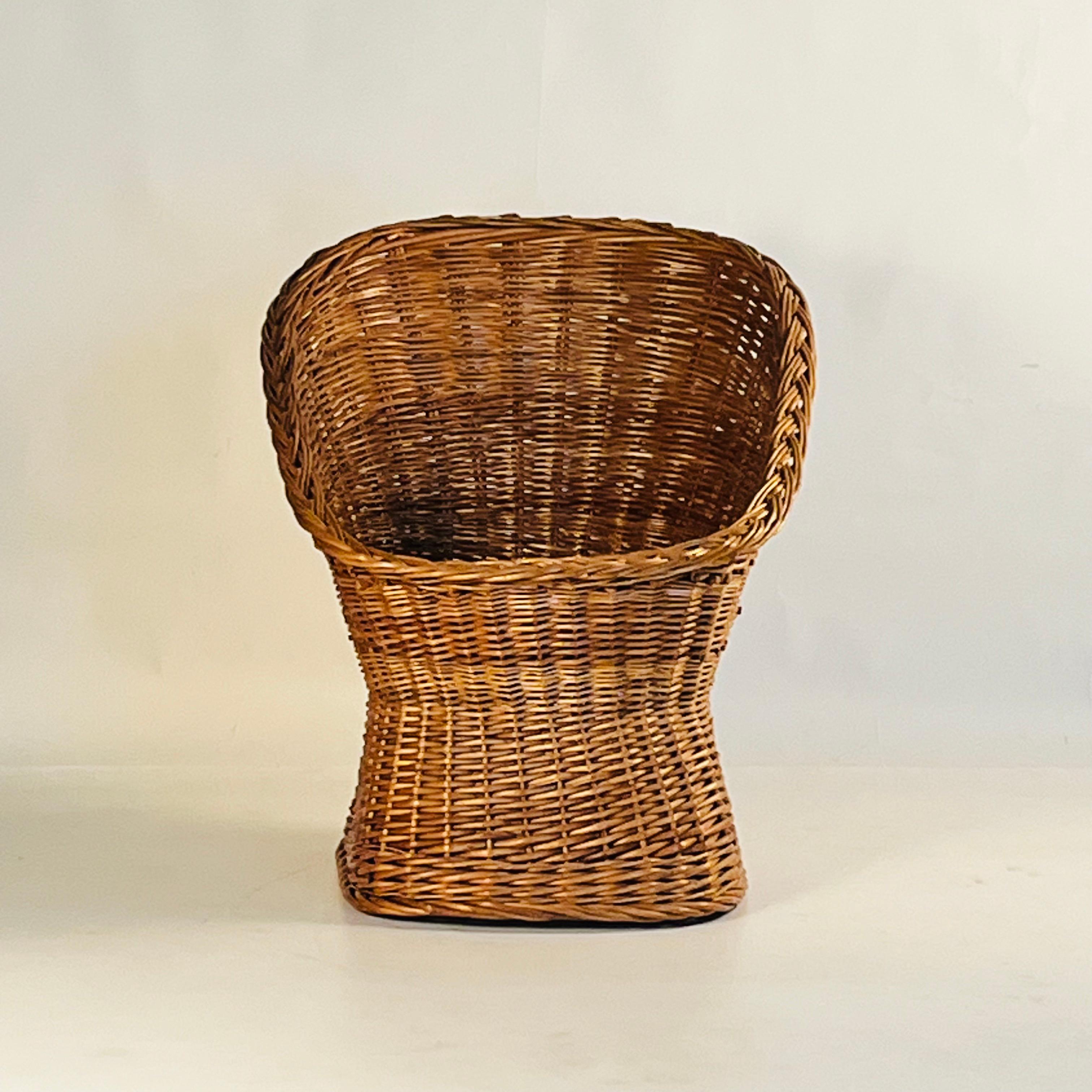 Organic Modern Woven Rattan Wicker Barrel Chair with Shearling Pad For Sale