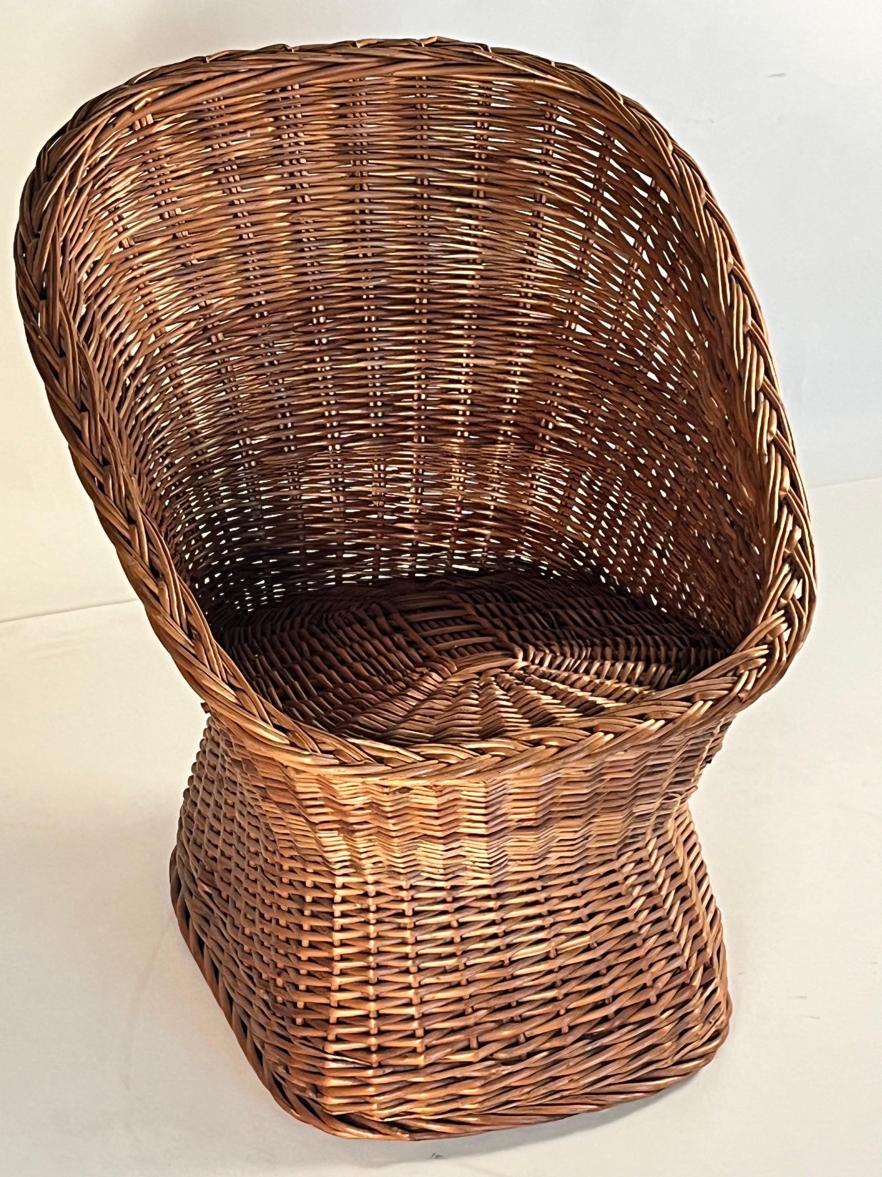 Croatian Woven Rattan Wicker Barrel Chair with Shearling Pad For Sale