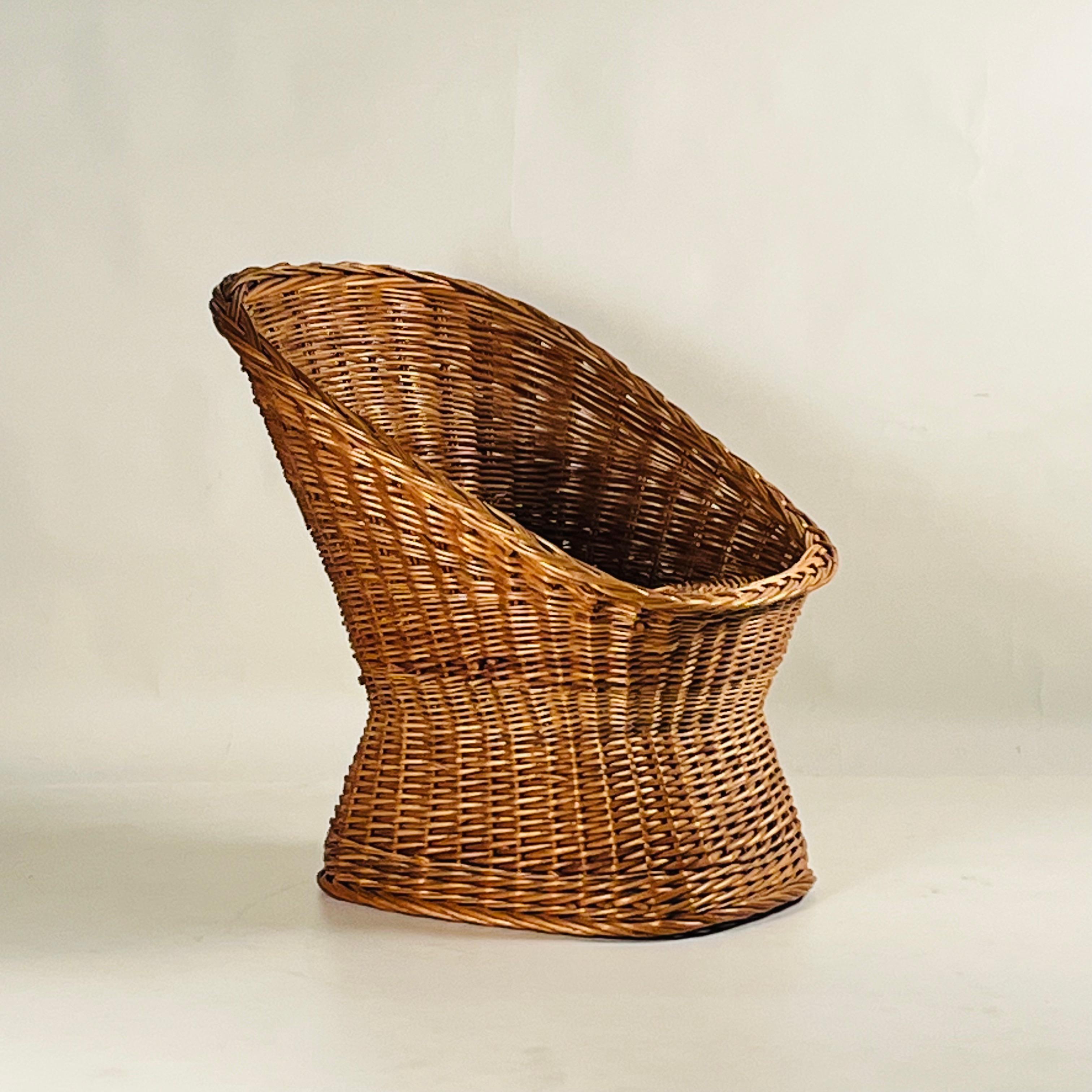 Mid-20th Century Woven Rattan Wicker Barrel Chair with Shearling Pad For Sale