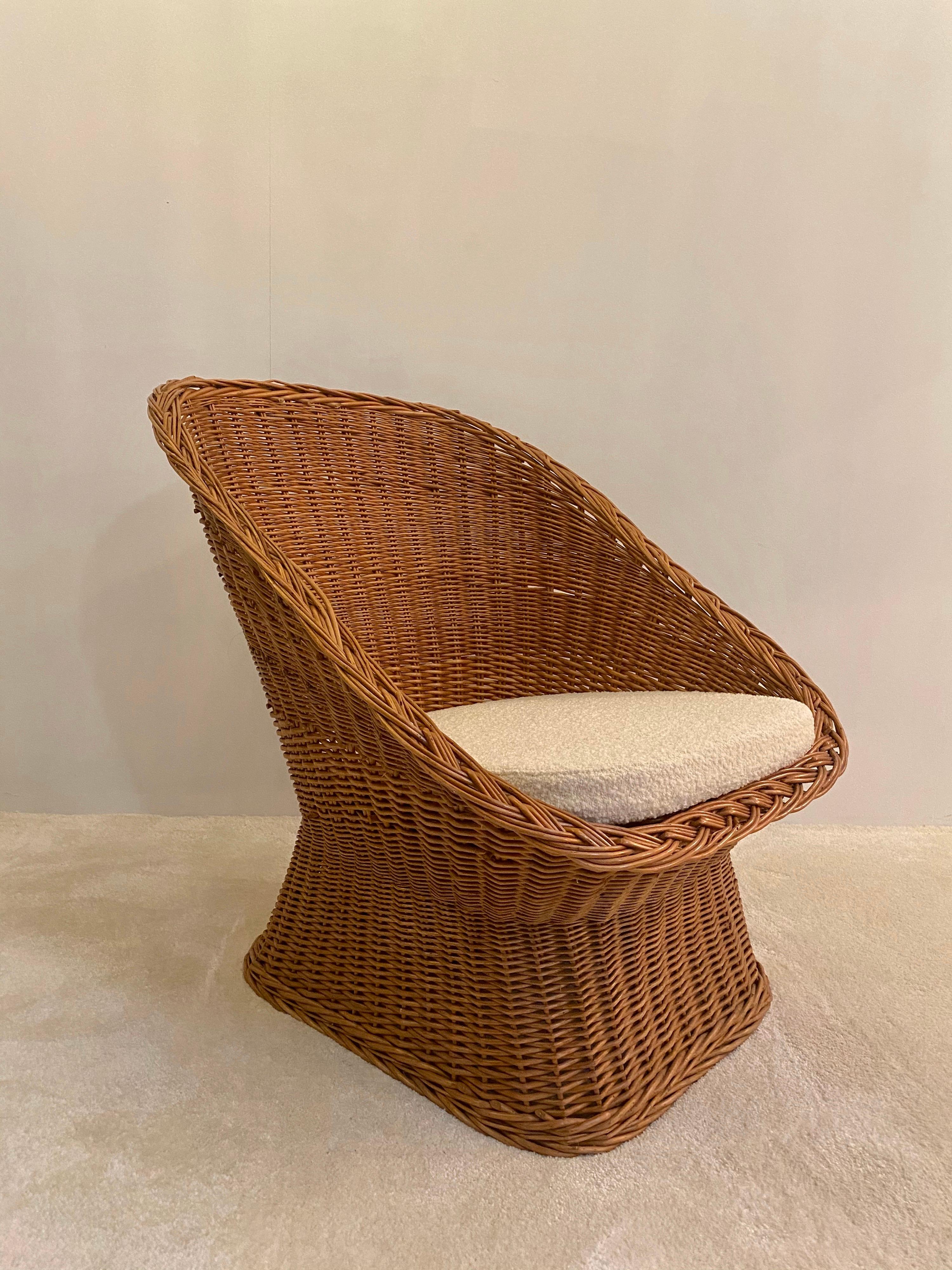 Mid-Century Modern Woven Rattan Wicker Barrel Chairs, 1950s