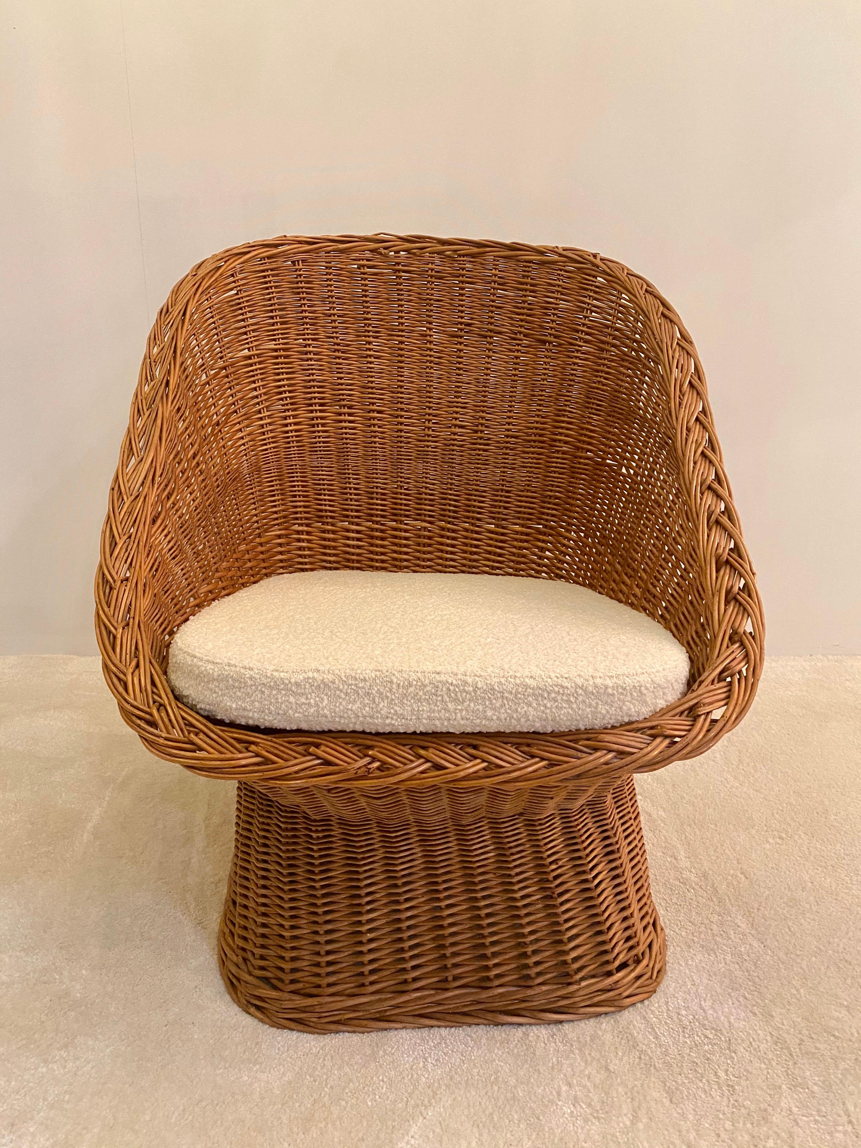 French Woven Rattan Wicker Barrel Chairs, 1950s