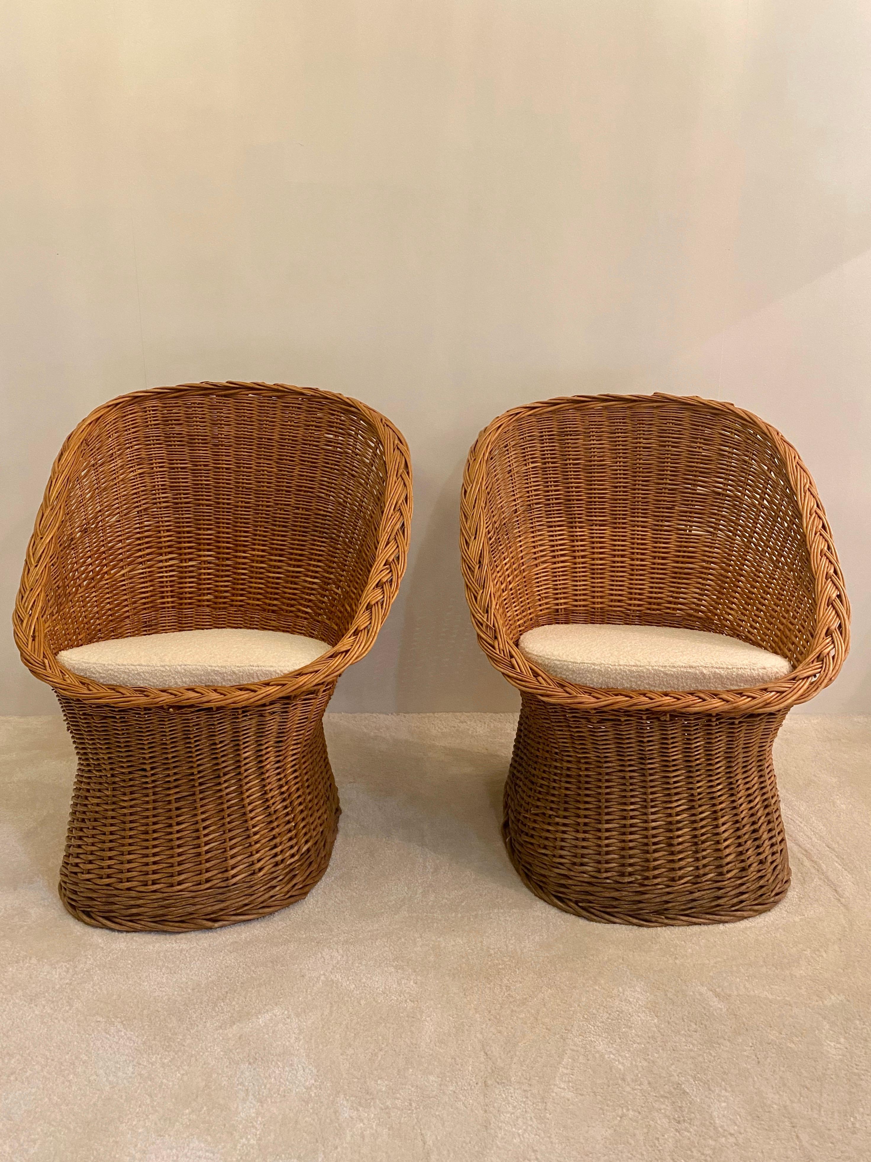 Late 20th Century Woven Rattan Wicker Barrel Chairs, 1950s