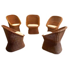 Woven Rattan Wicker Barrel Chairs, 1950s