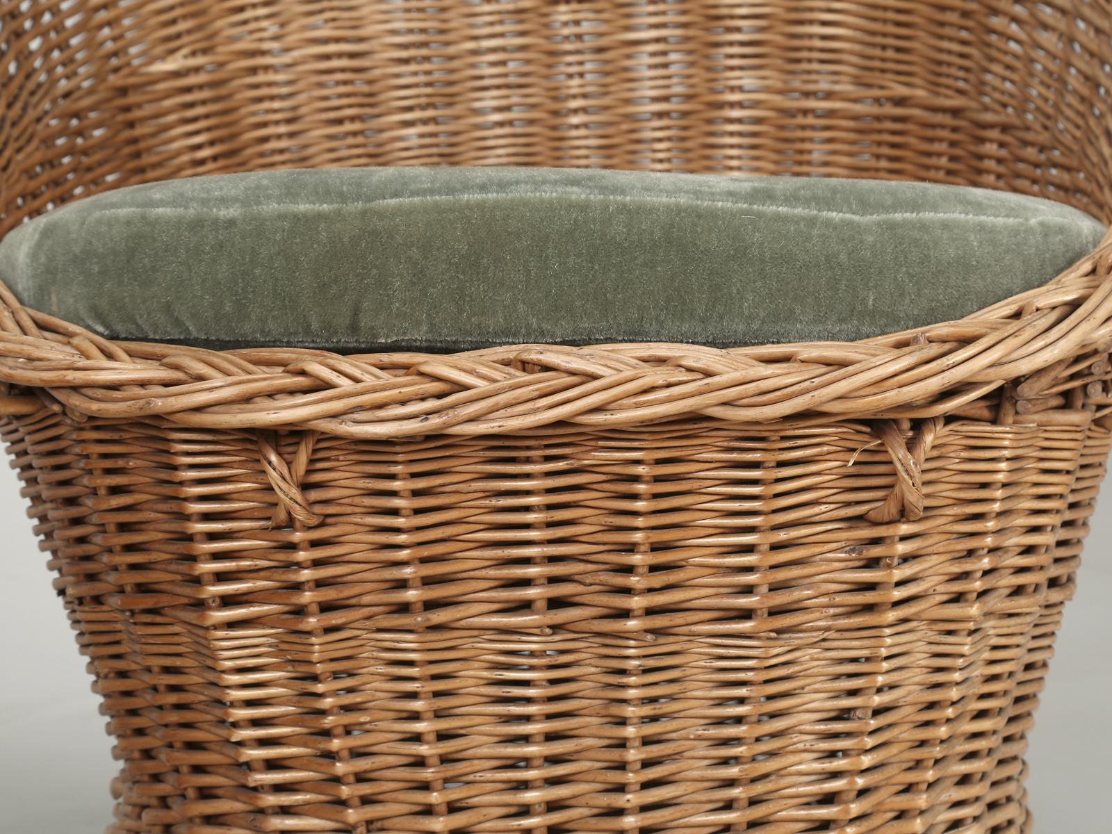 Woven Rattan Wicker Barrel Chairs with Vintage Mohair Seat Cushions 3