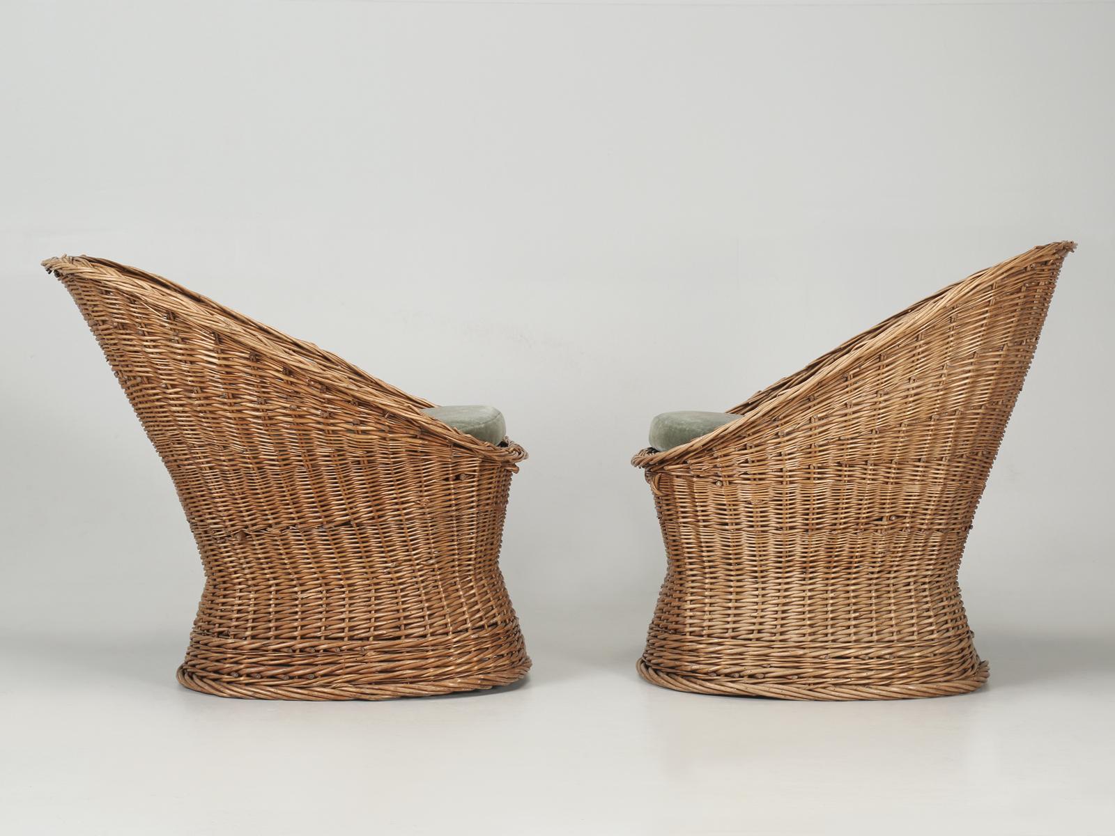 Woven Rattan Wicker Barrel Chairs with Vintage Mohair Seat Cushions 8