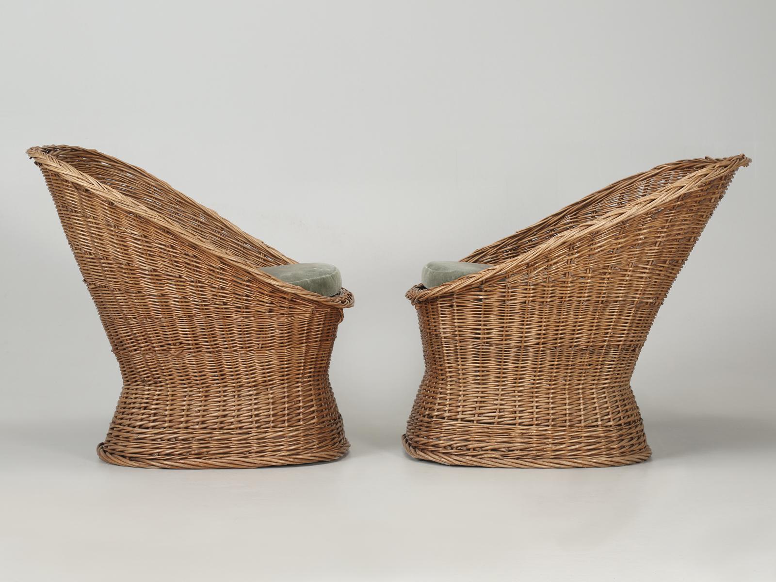 Woven Rattan Wicker Barrel Chairs with Vintage Mohair Seat Cushions 9