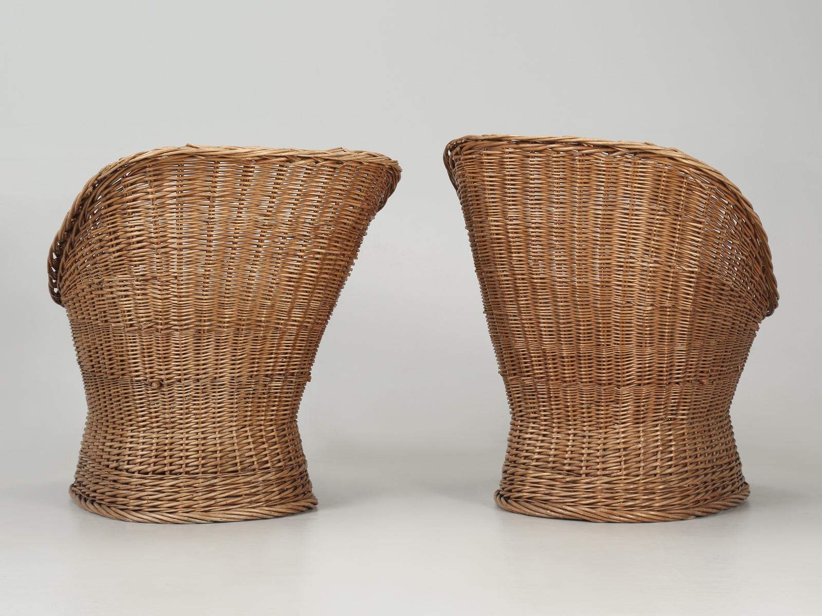Woven Rattan Wicker Barrel Chairs with Vintage Mohair Seat Cushions 10