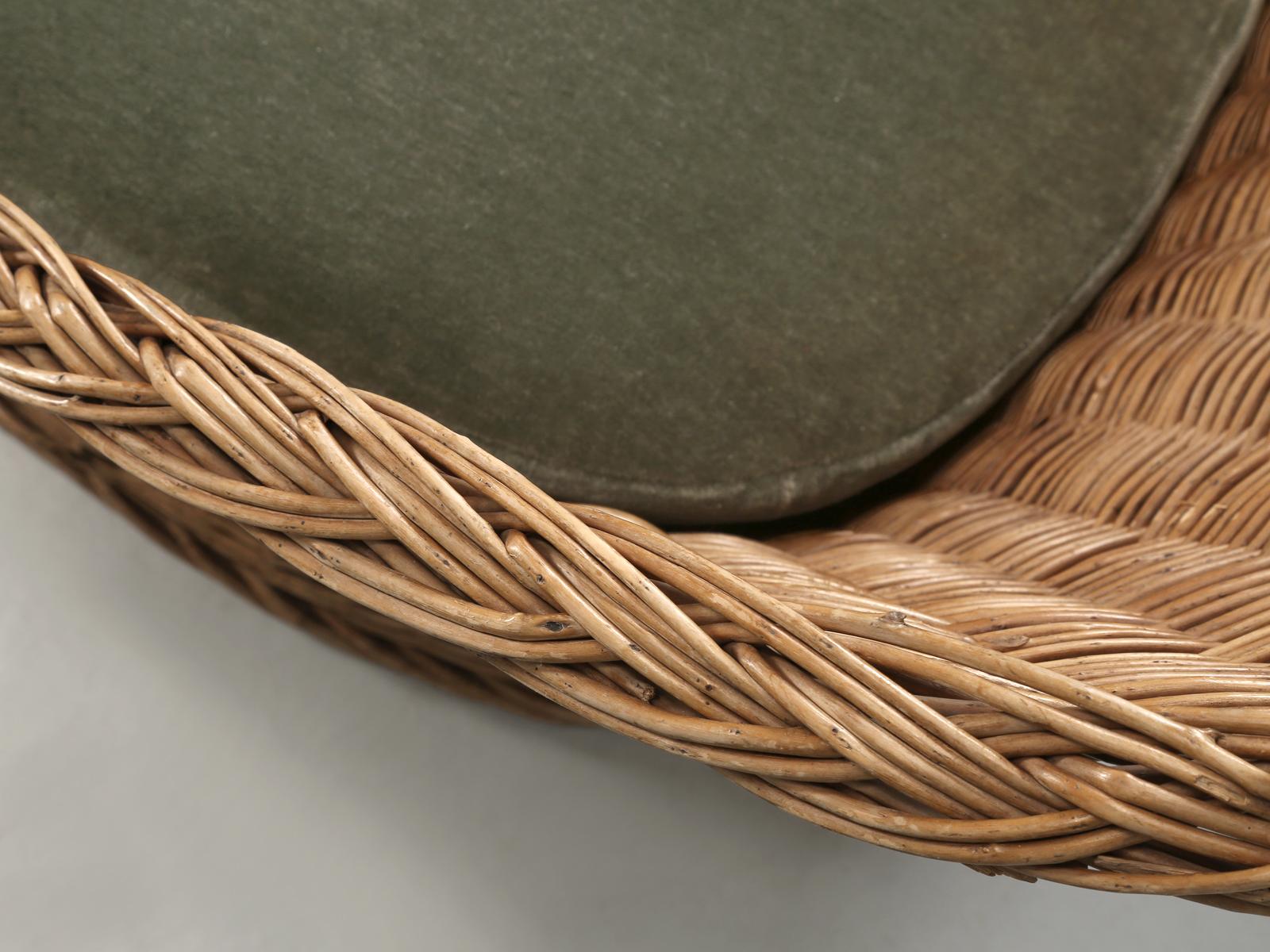 Bohemian Woven Rattan Wicker Barrel Chairs with Vintage Mohair Seat Cushions