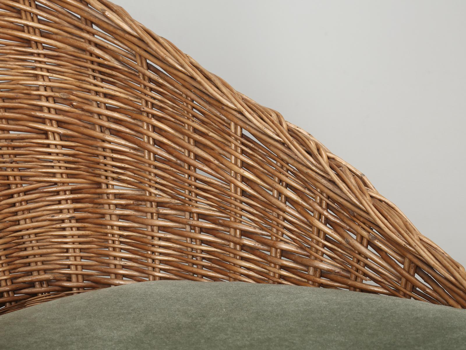 Serbian Woven Rattan Wicker Barrel Chairs with Vintage Mohair Seat Cushions