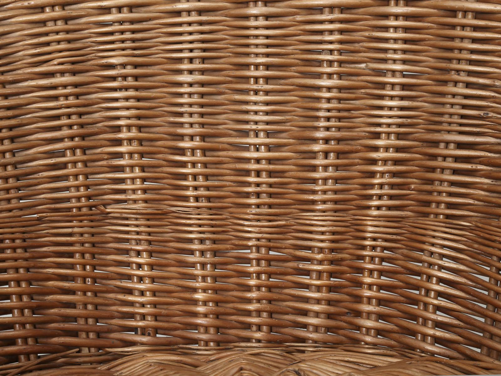 Woven Rattan Wicker Barrel Chairs with Vintage Mohair Seat Cushions In Good Condition In Chicago, IL