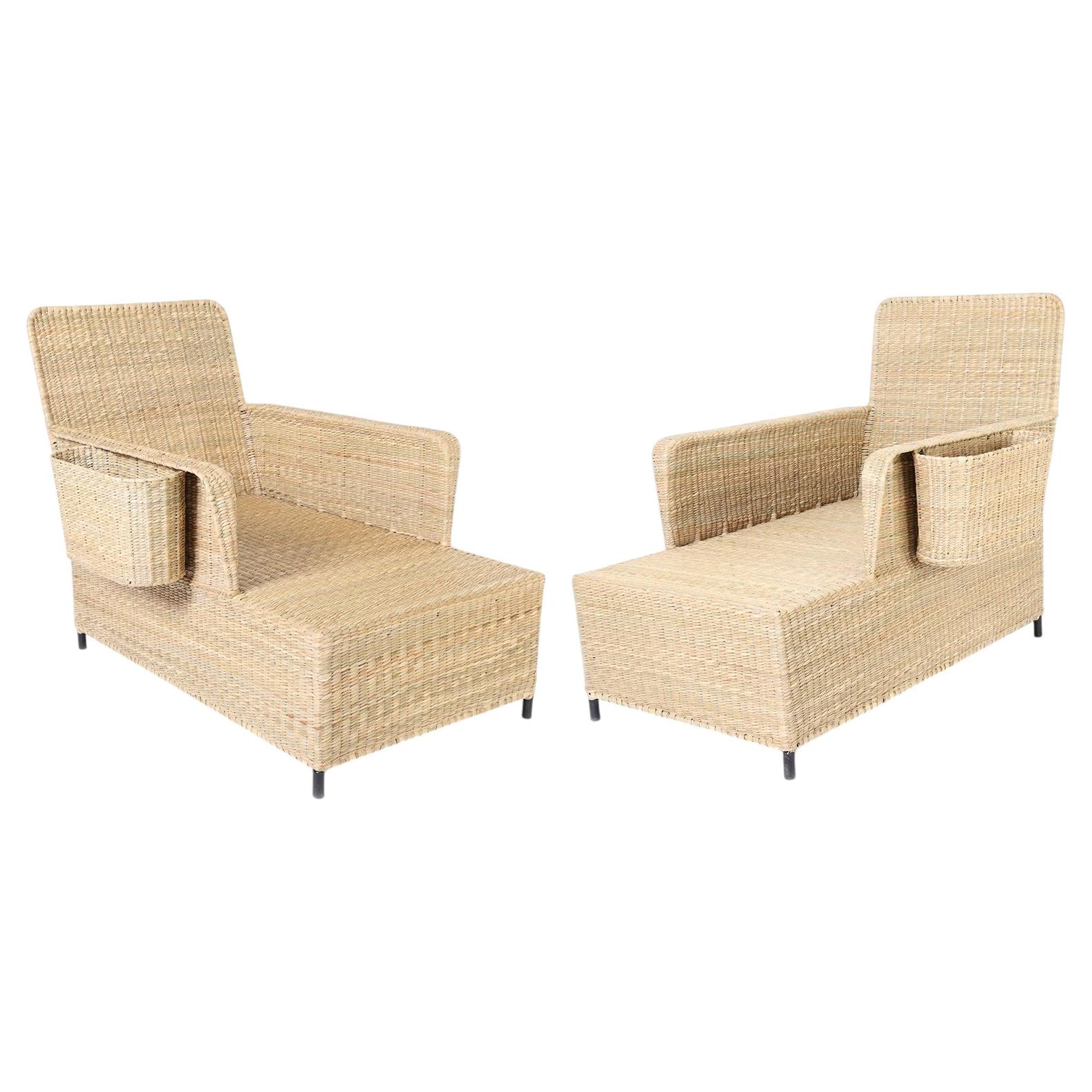 Woven Reed Chaise Lounges with Magazine Racks For Sale