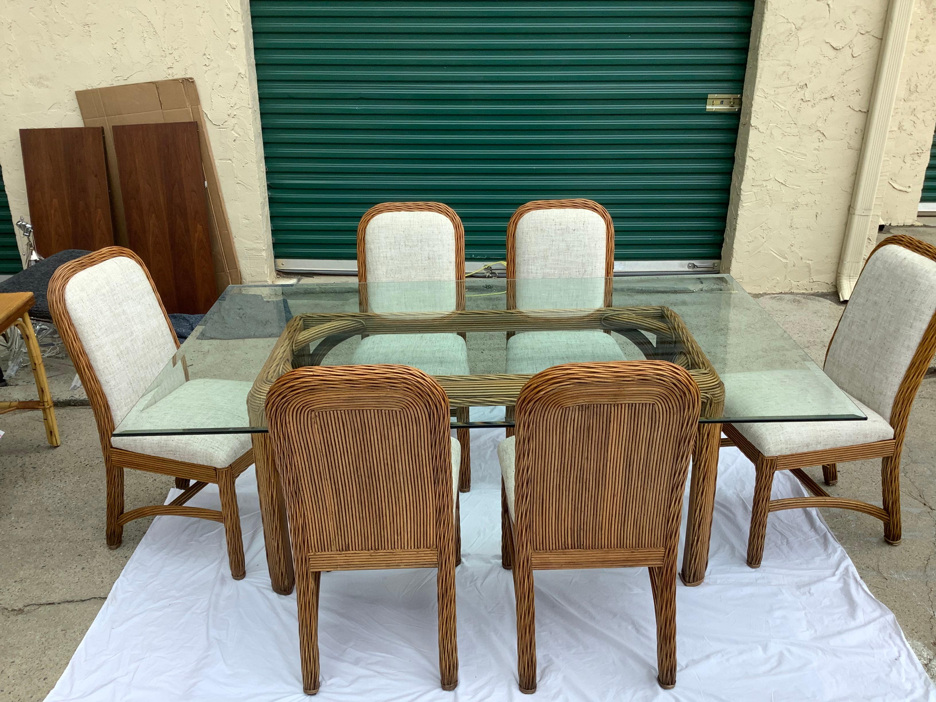 Post-Modern Woven Reed Dining Table w/ 8 Chairs, Crespi Style For Sale